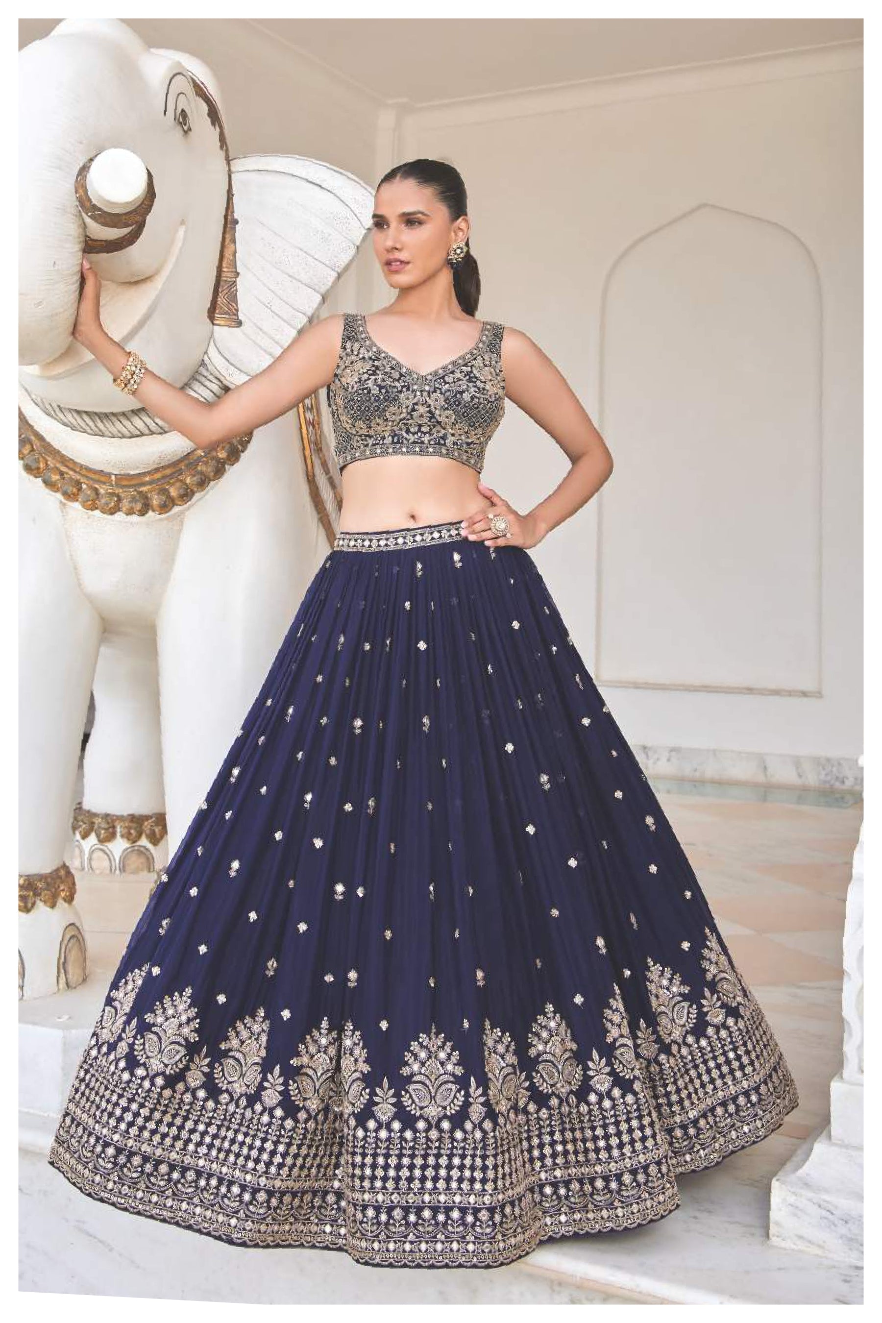 Midnight Blue Embroidered Lehenga Choli with Designer Blouse