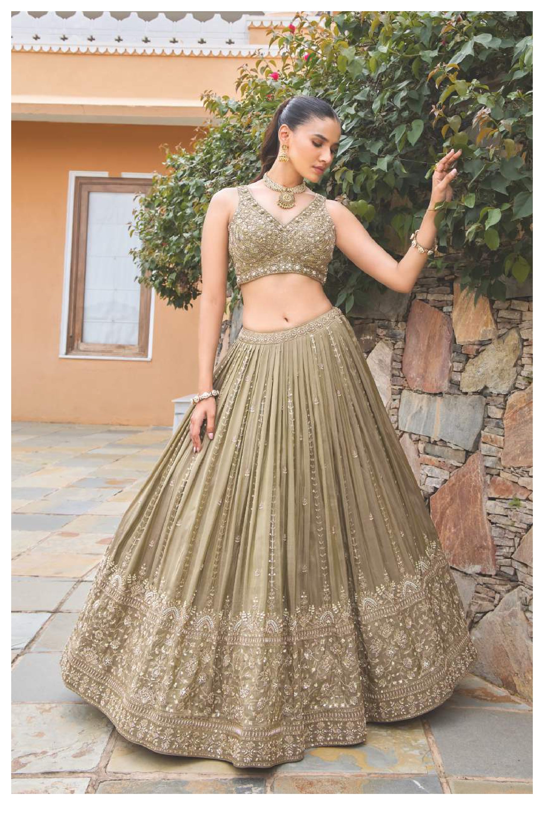 Olive Green Embroidered Silk Lehenga Set with Heavy Blouse and Dupatta