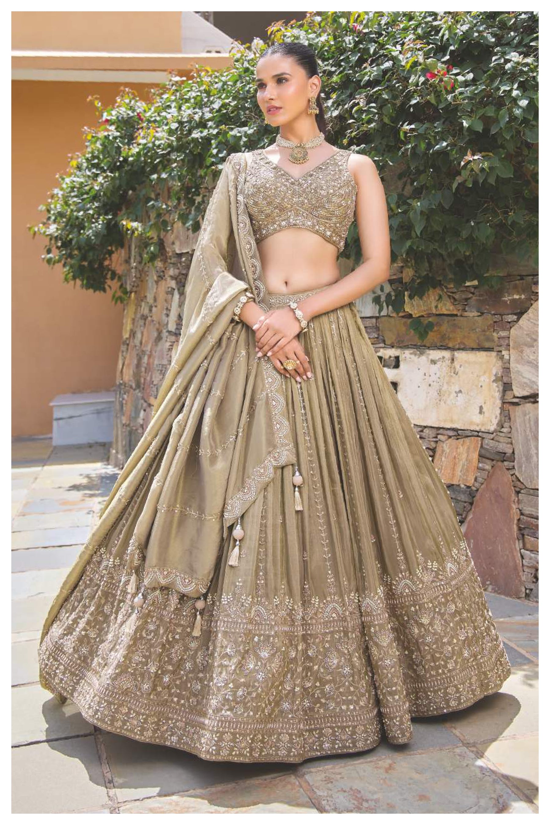 Olive Green Embroidered Silk Lehenga Set with Heavy Blouse and Dupatta