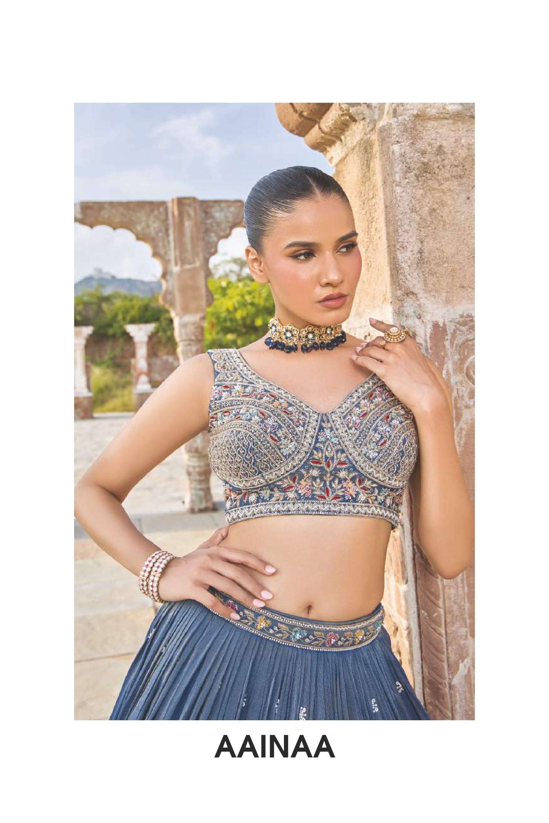 Navy Blue Embroidered Silk Lehenga Set with Heavy Blouse and Dupatta