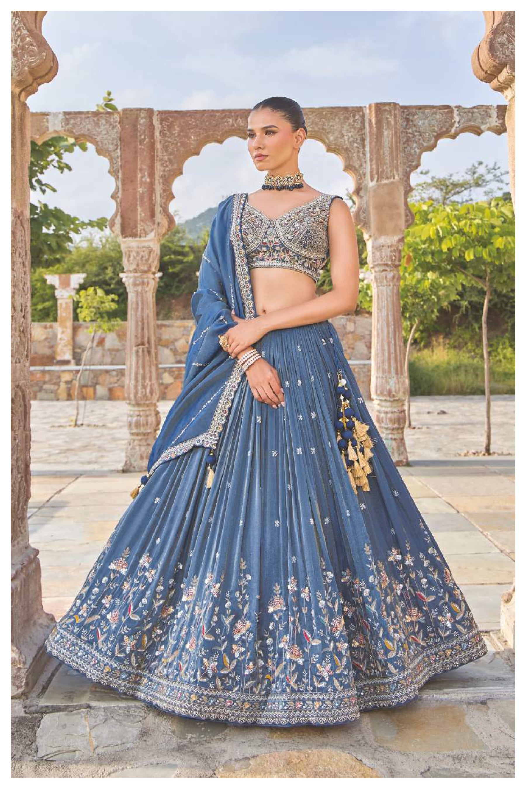 Navy Blue Embroidered Silk Lehenga Set with Heavy Blouse and Dupatta