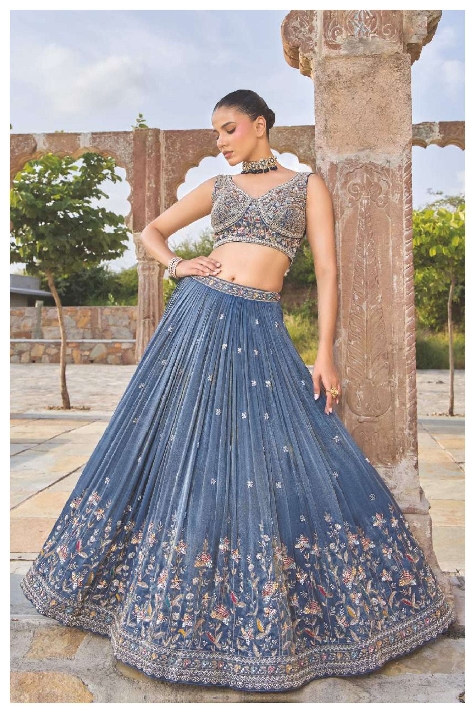 Navy Blue Embroidered Silk Lehenga Set with Heavy Blouse and Dupatta