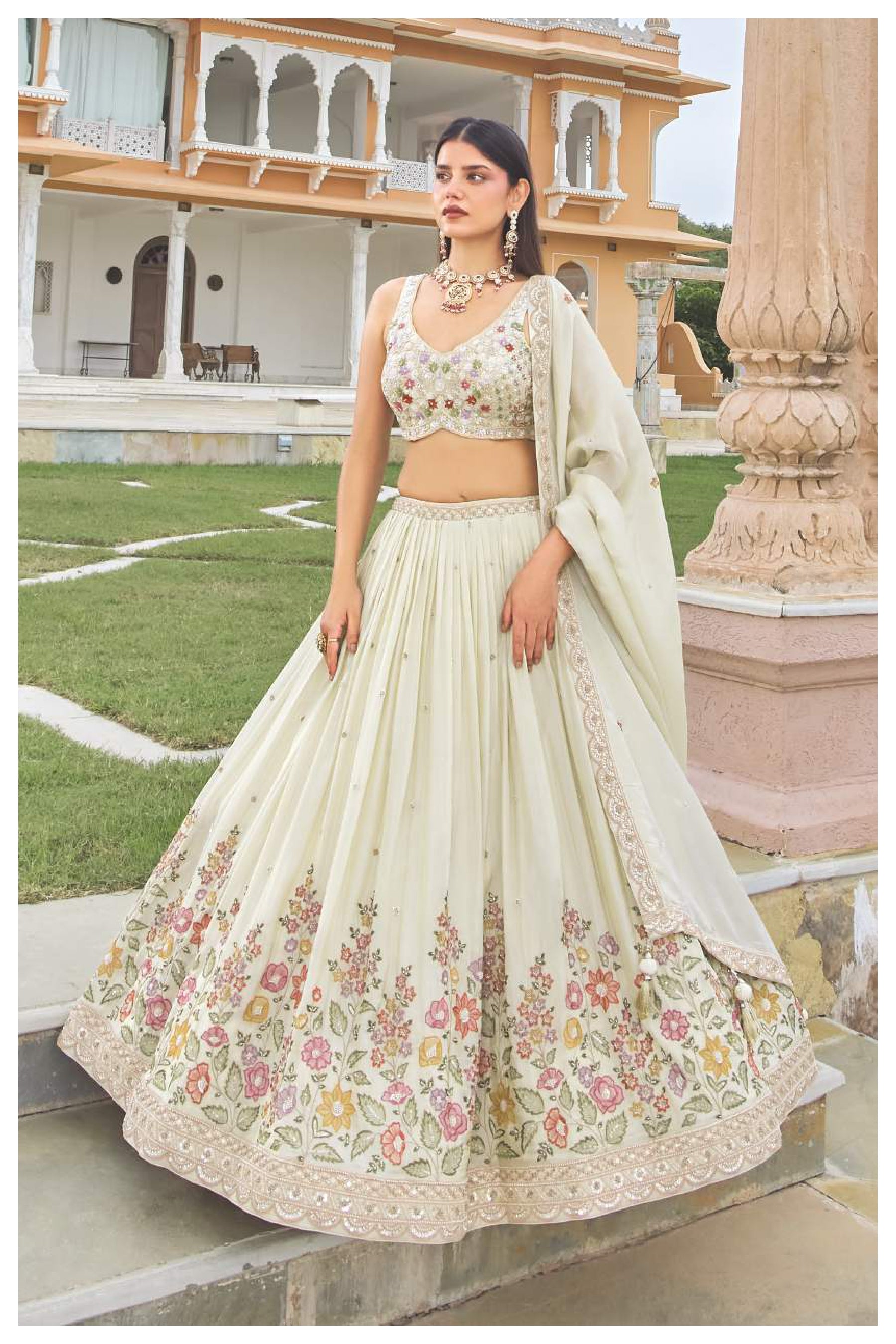 Ivory/Off-White Floral Embroidered Georgette Lehenga Choli Set