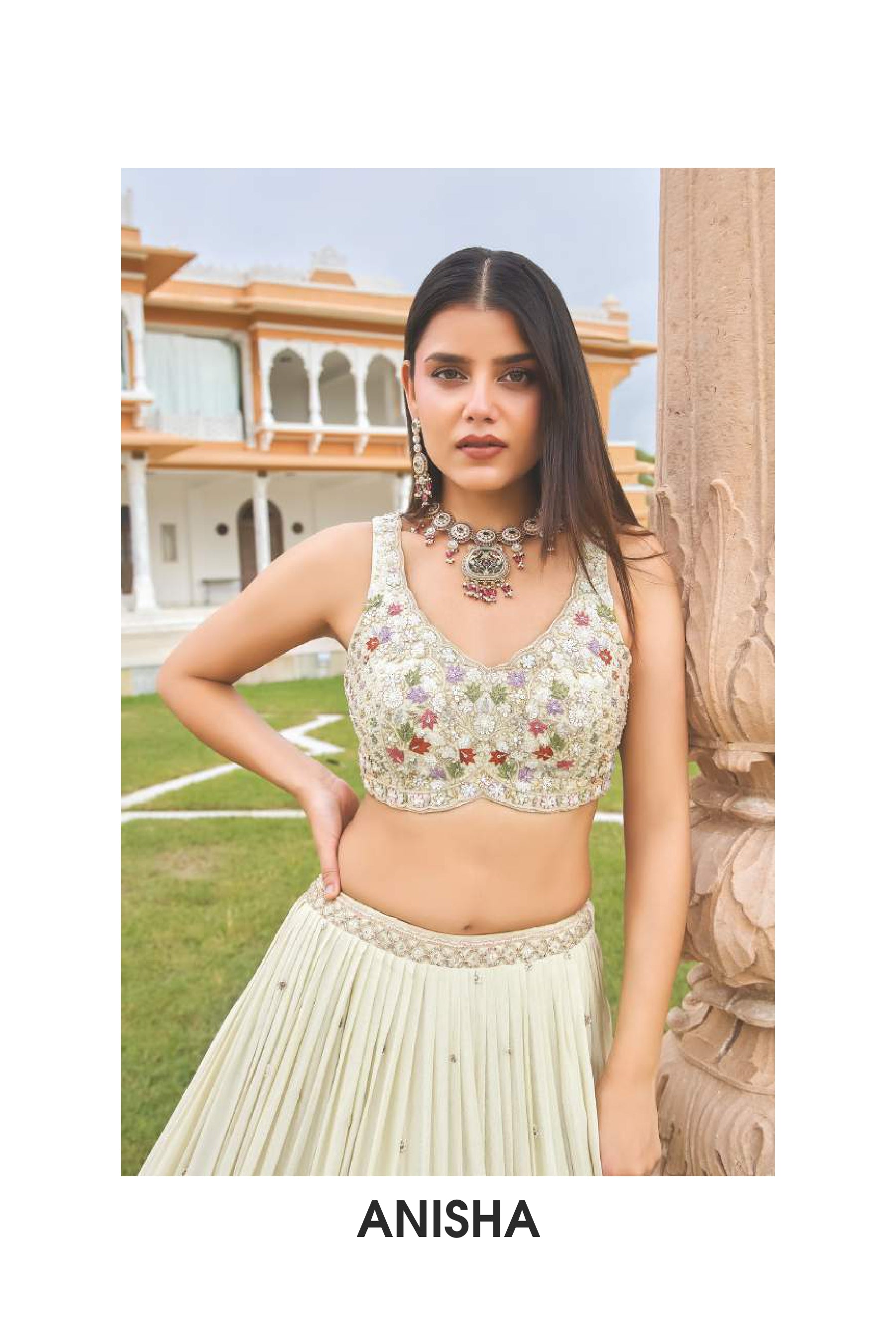 Ivory/Off-White Floral Embroidered Georgette Lehenga Choli Set
