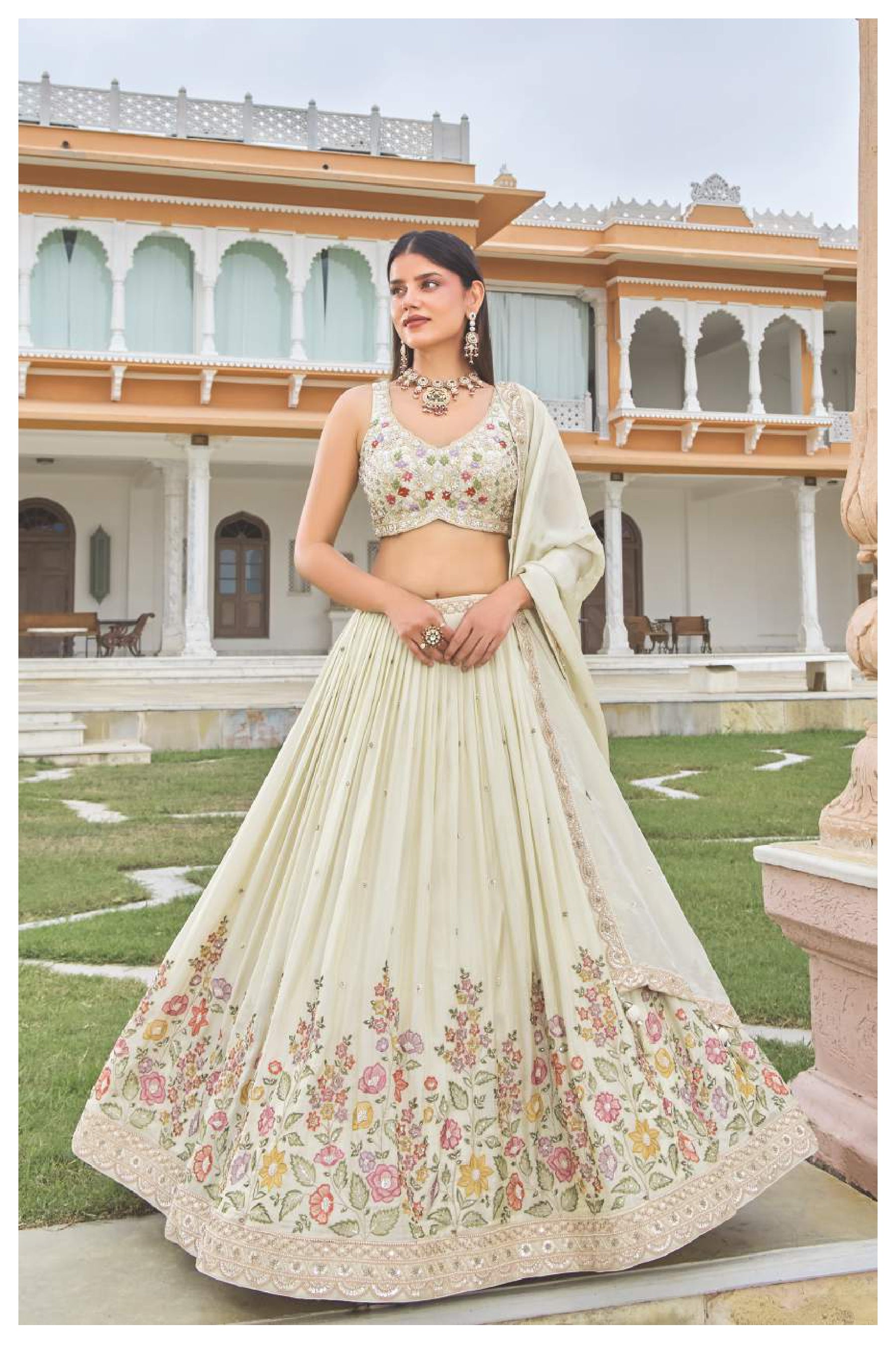 Ivory/Off-White Floral Embroidered Georgette Lehenga Choli Set