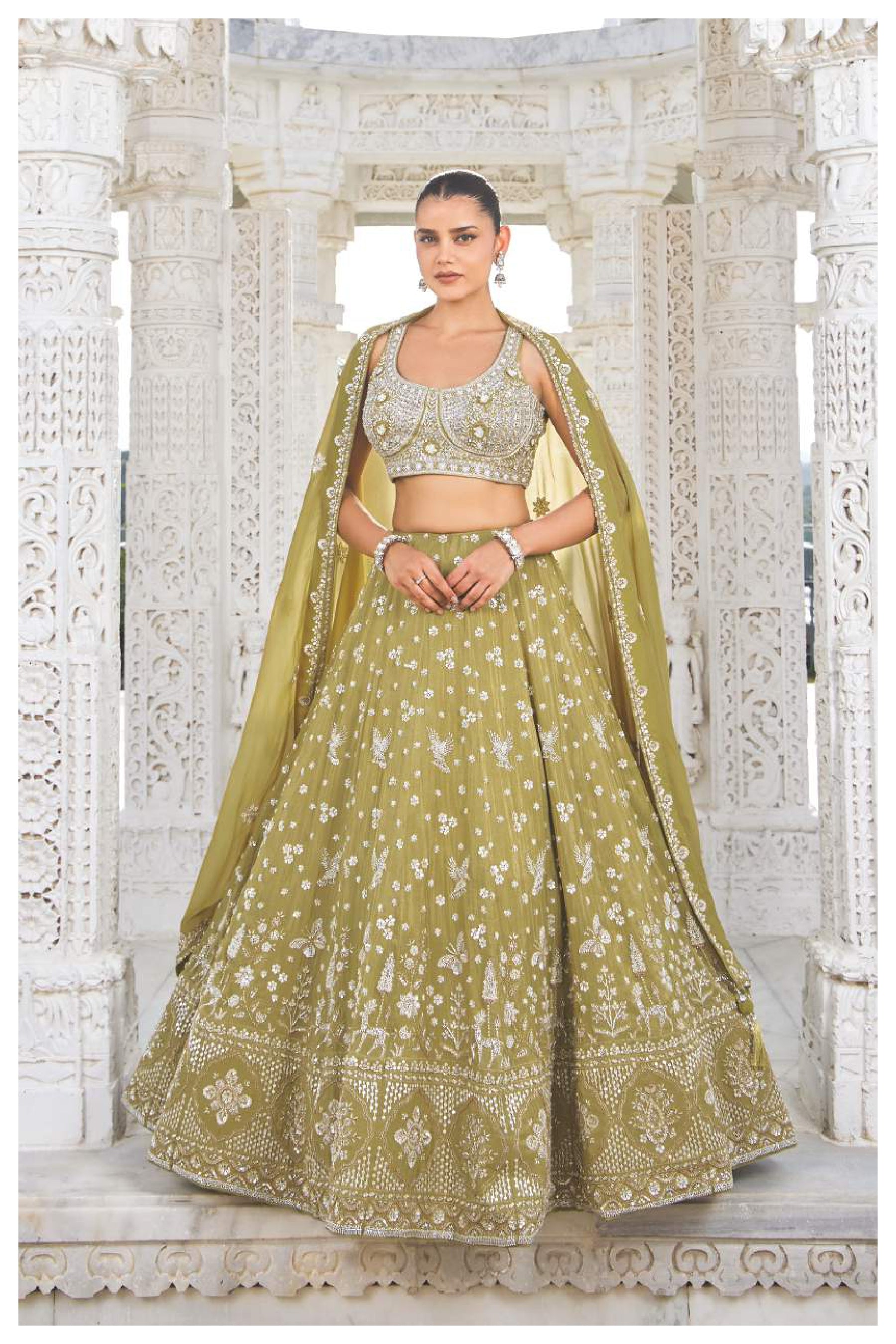 Olive Green Heavy Embroidered Sequins Lehenga Choli Set