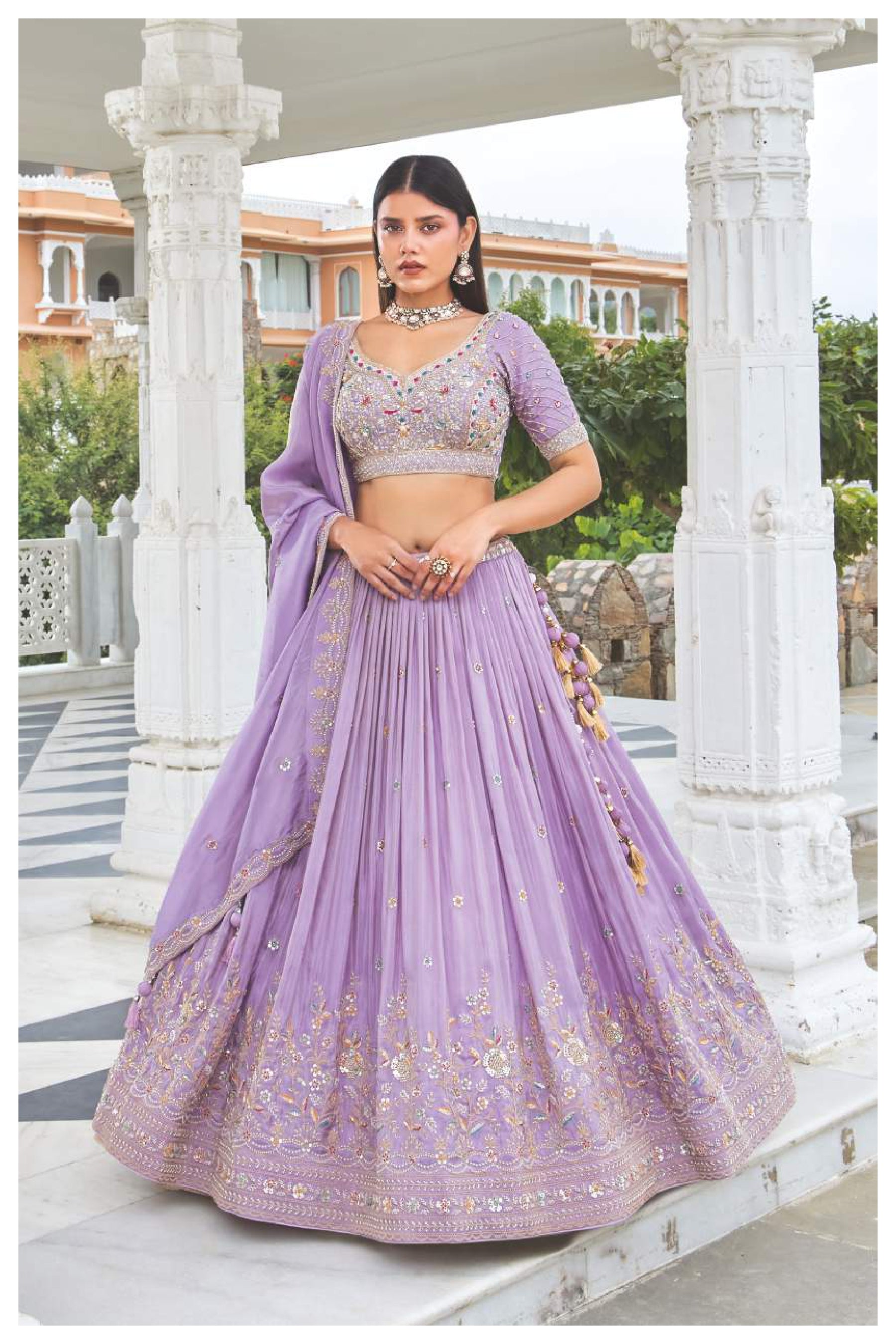 💜 Lavender Embroidered Mirror Work Lehenga Choli Set