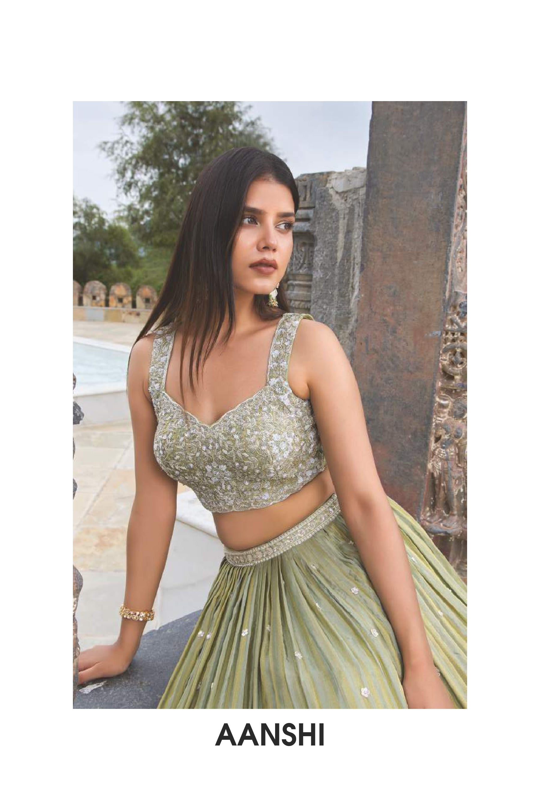 💚 Sage Green Embroidered Sequins Lehenga Choli Set
