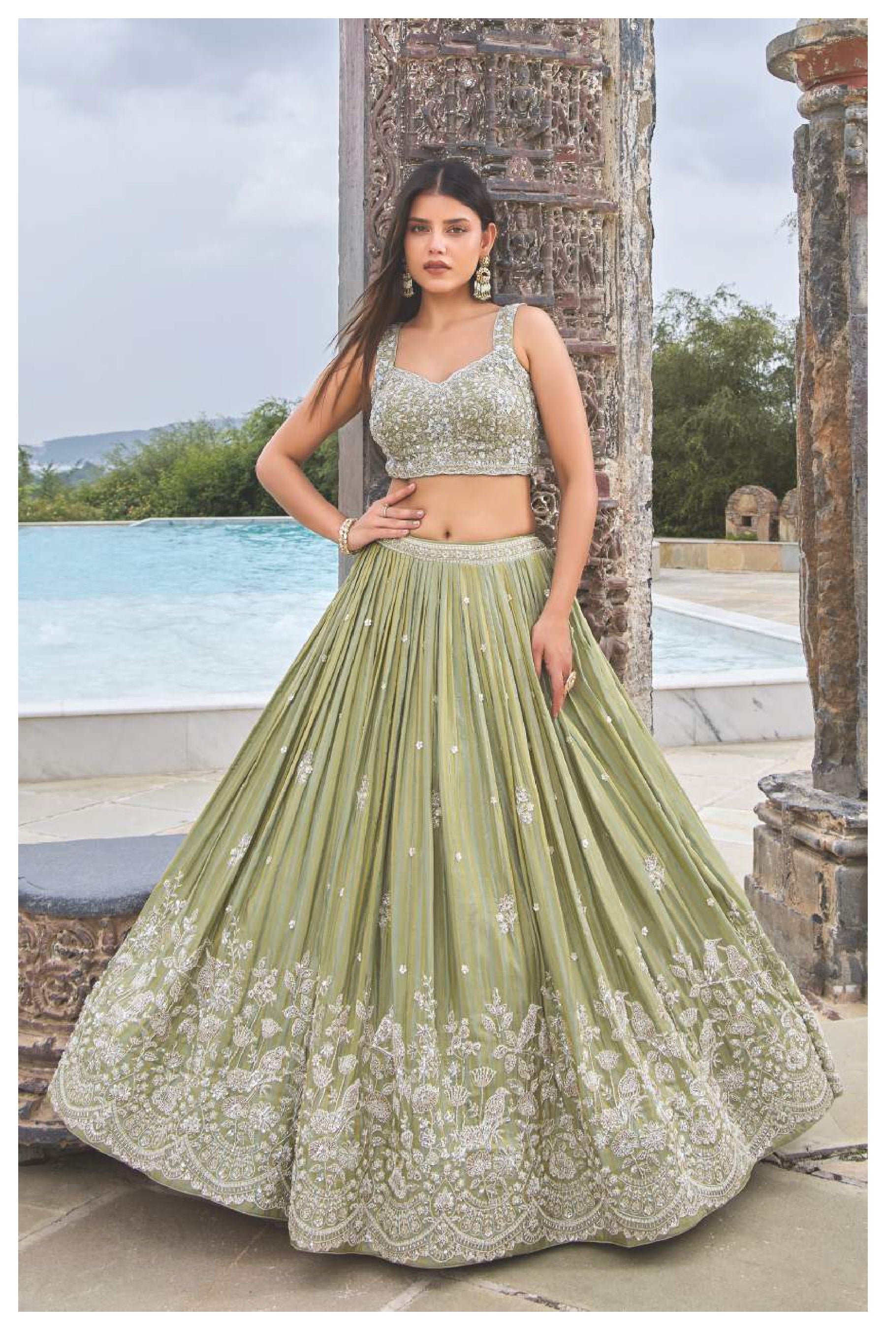 💚 Sage Green Embroidered Sequins Lehenga Choli Set