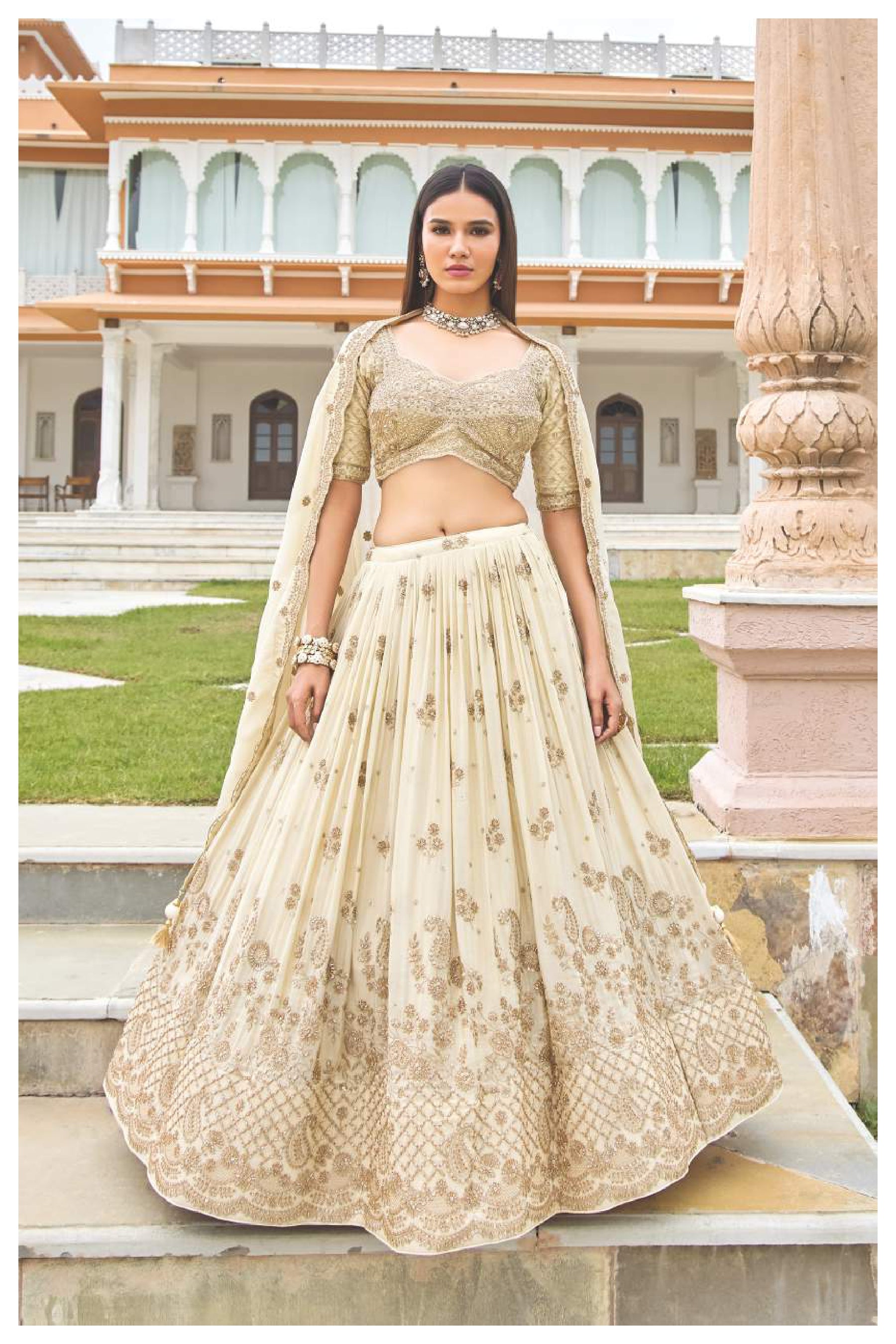 🤍 Gold Embroidered Sequins Lehenga Choli Set