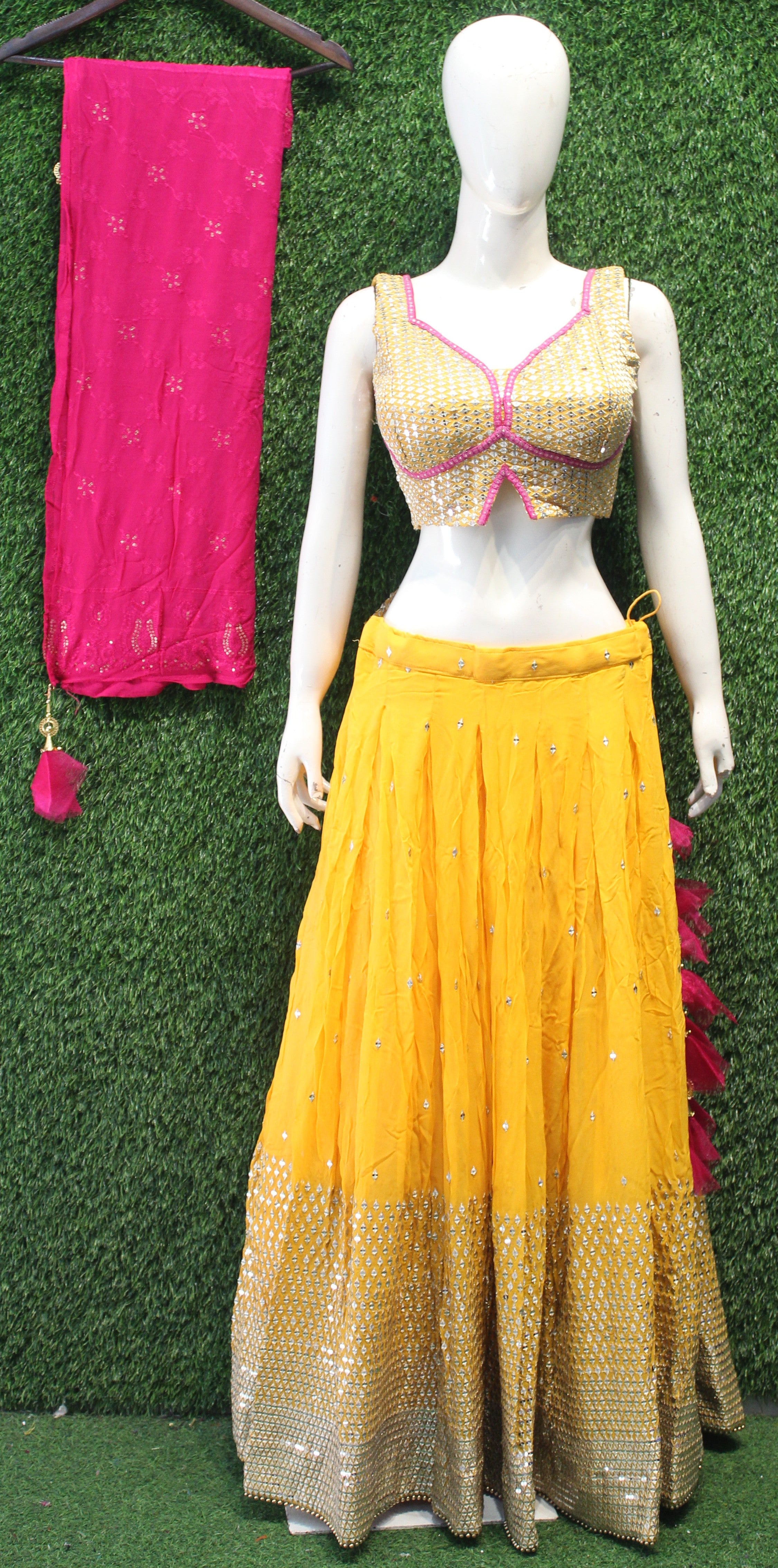 Designer Lehenga Choli – Yellow with Pink Blouse