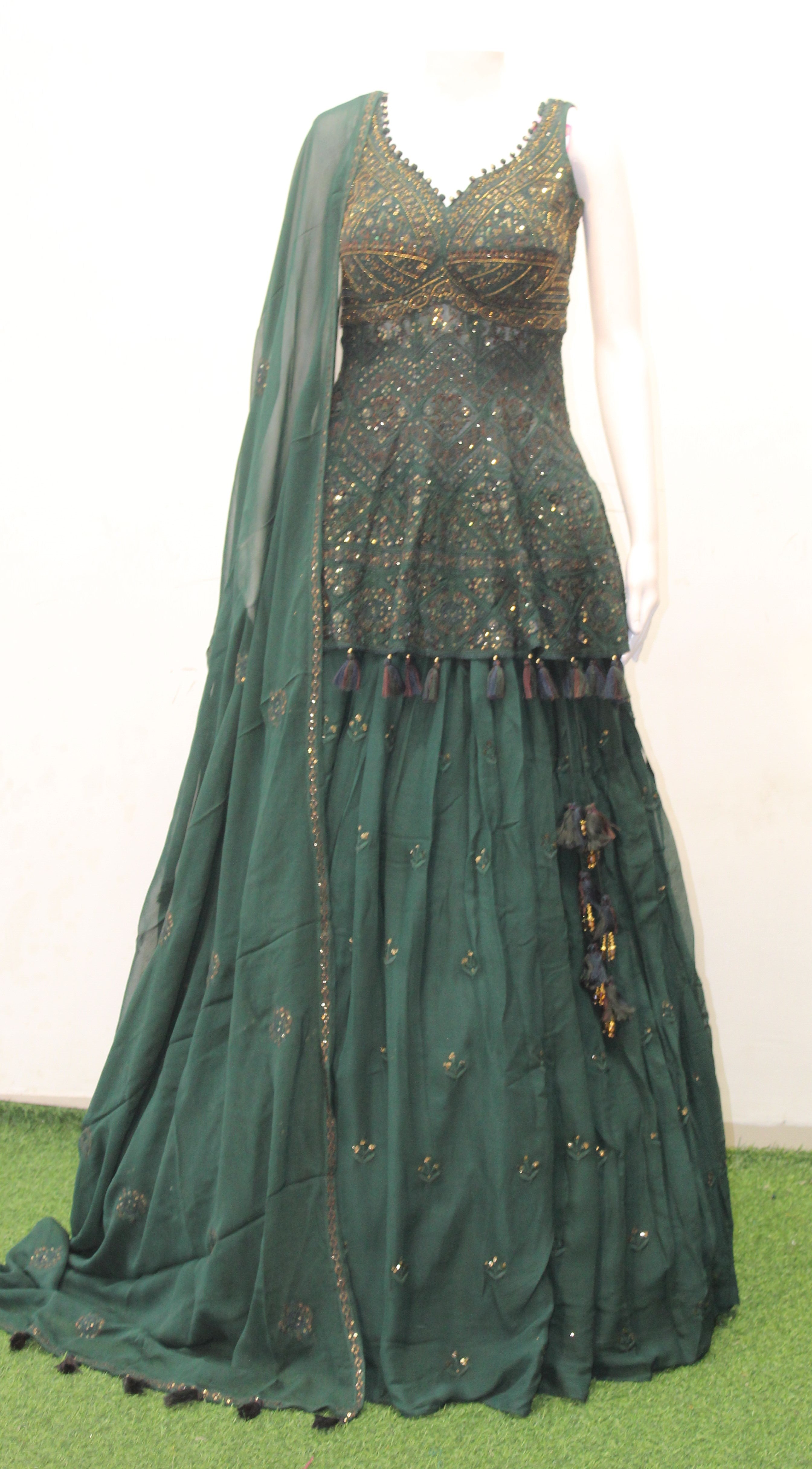Designer peplum Green Embroidered Lehenga with Dupatta