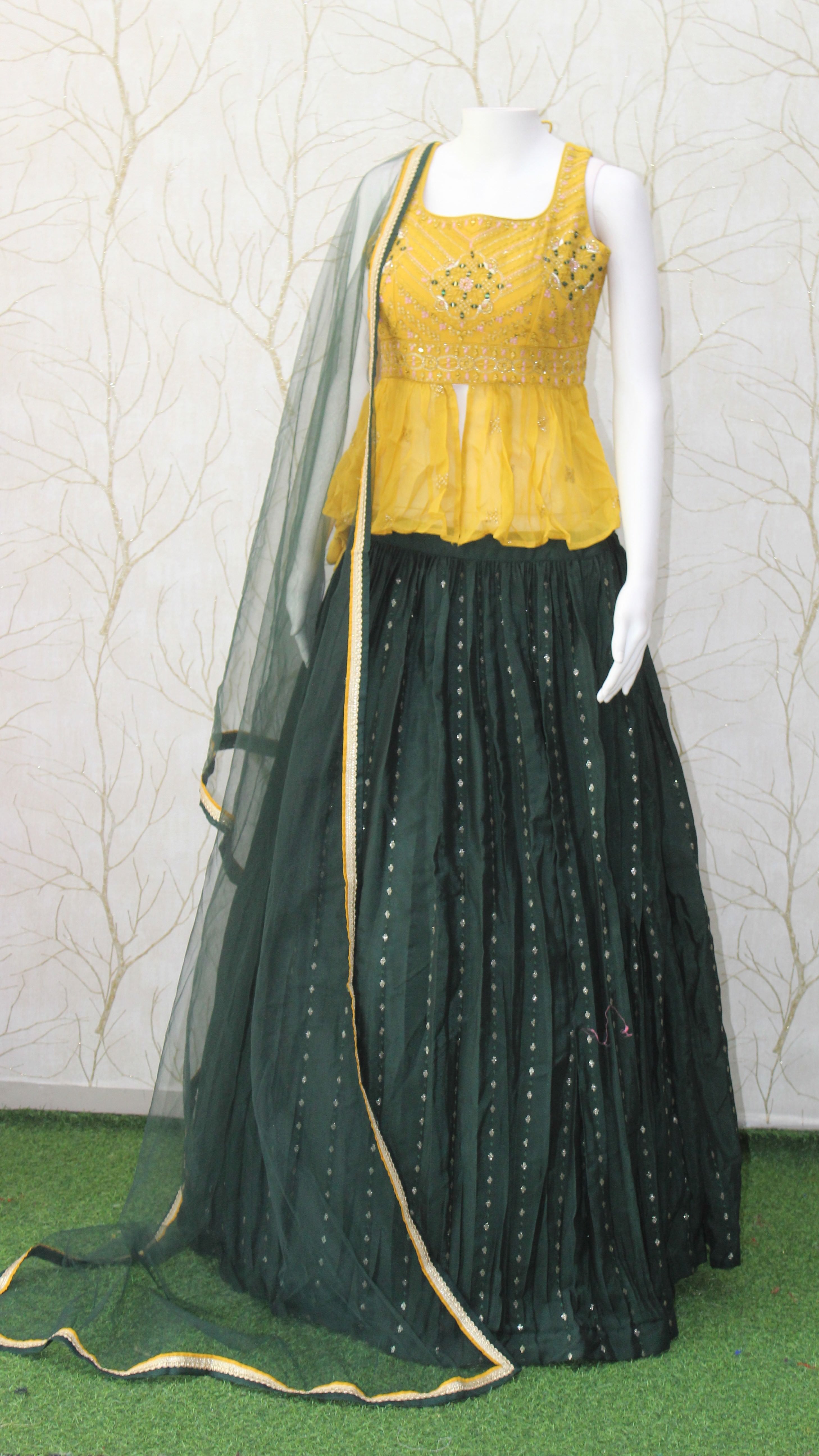 Yellow Peplum Top with Green Lehenga & Dupatta Set