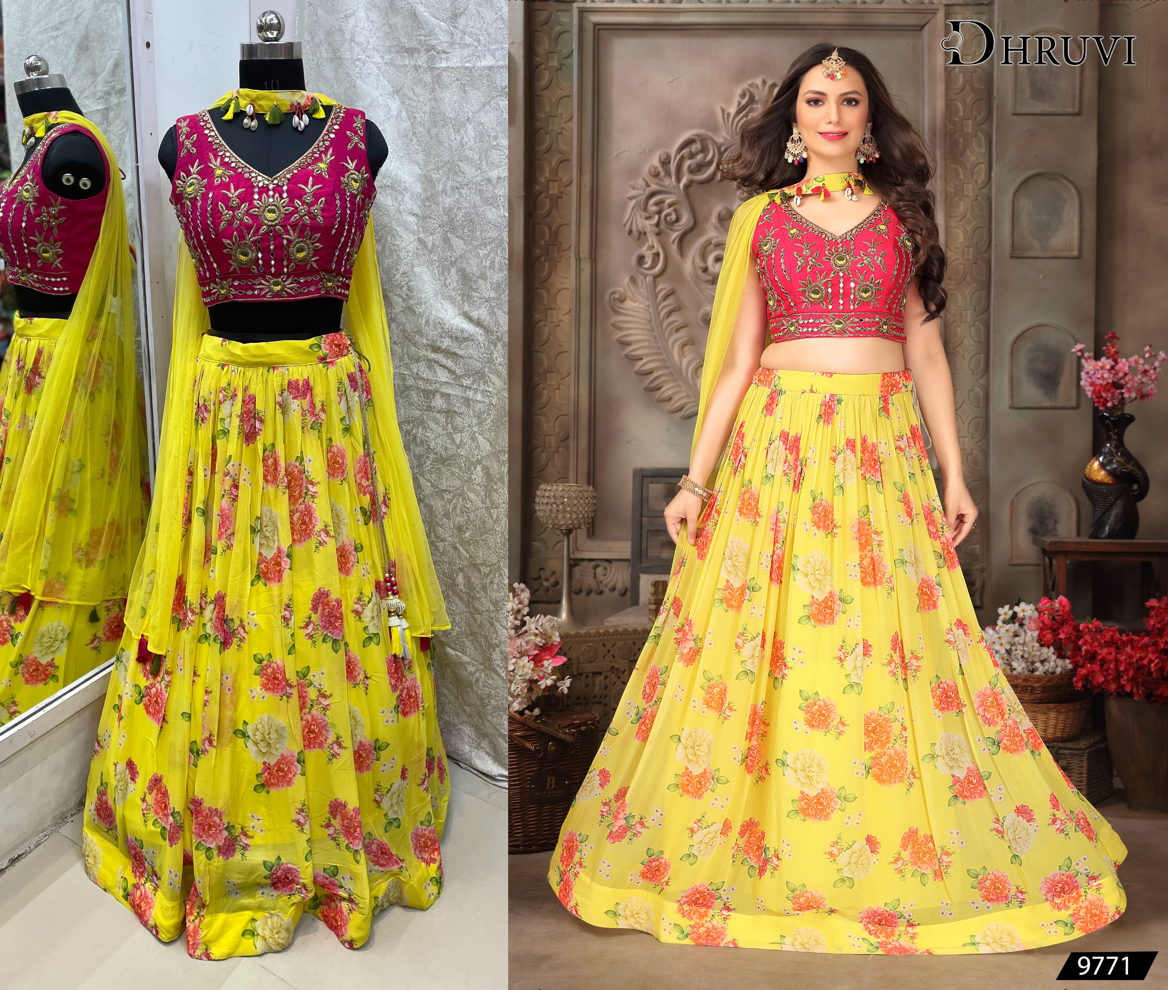 Yellow Floral Lehenga with Pink Embroidered Blouse