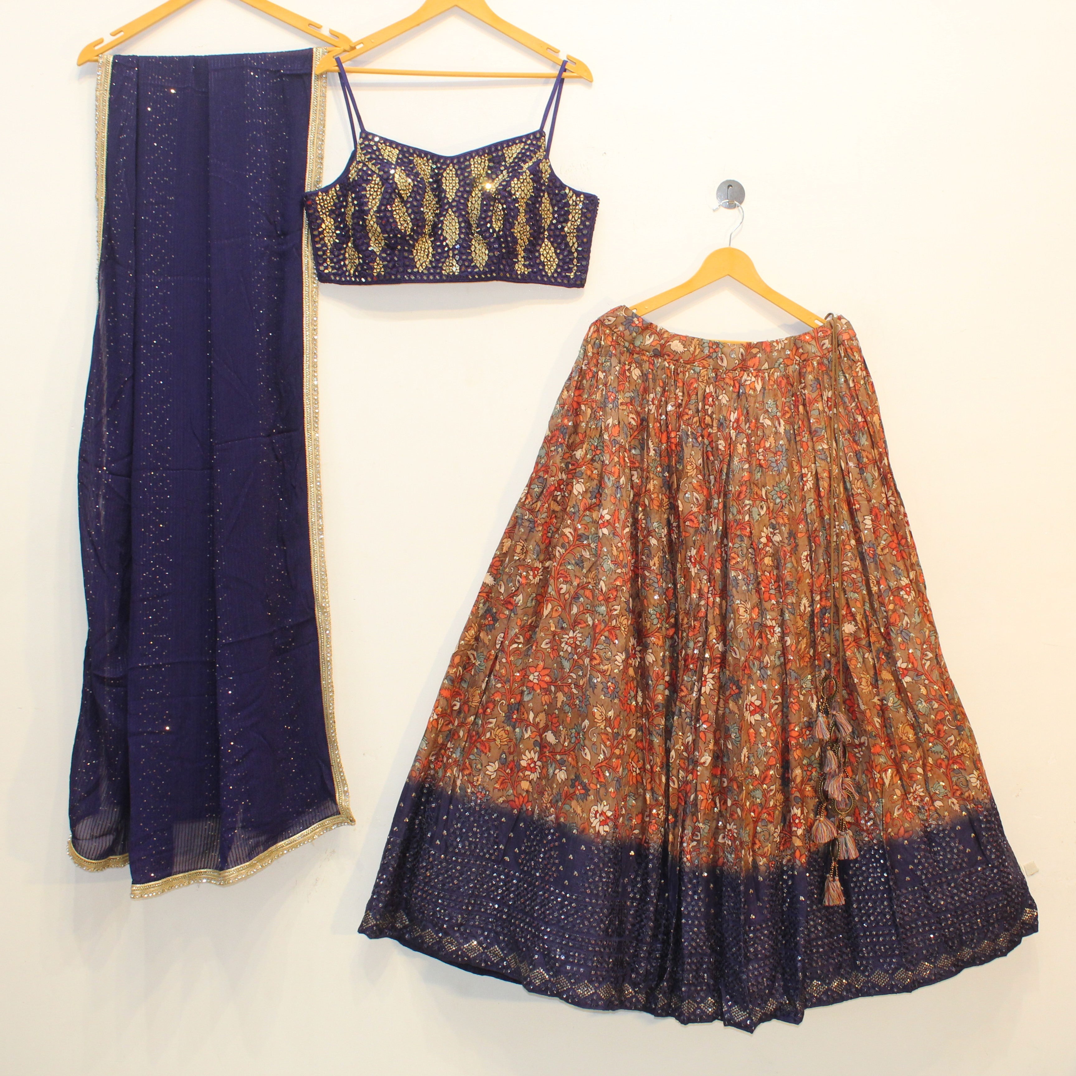 Navy Embellished Blouse with Multicolor Printed Lehenga Set