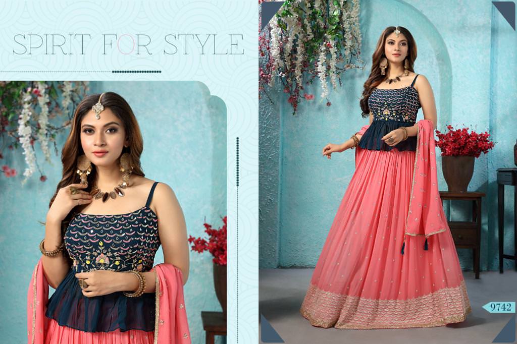Navy Blue & Pink Embroidered Stylish Peplum Lehenga Set