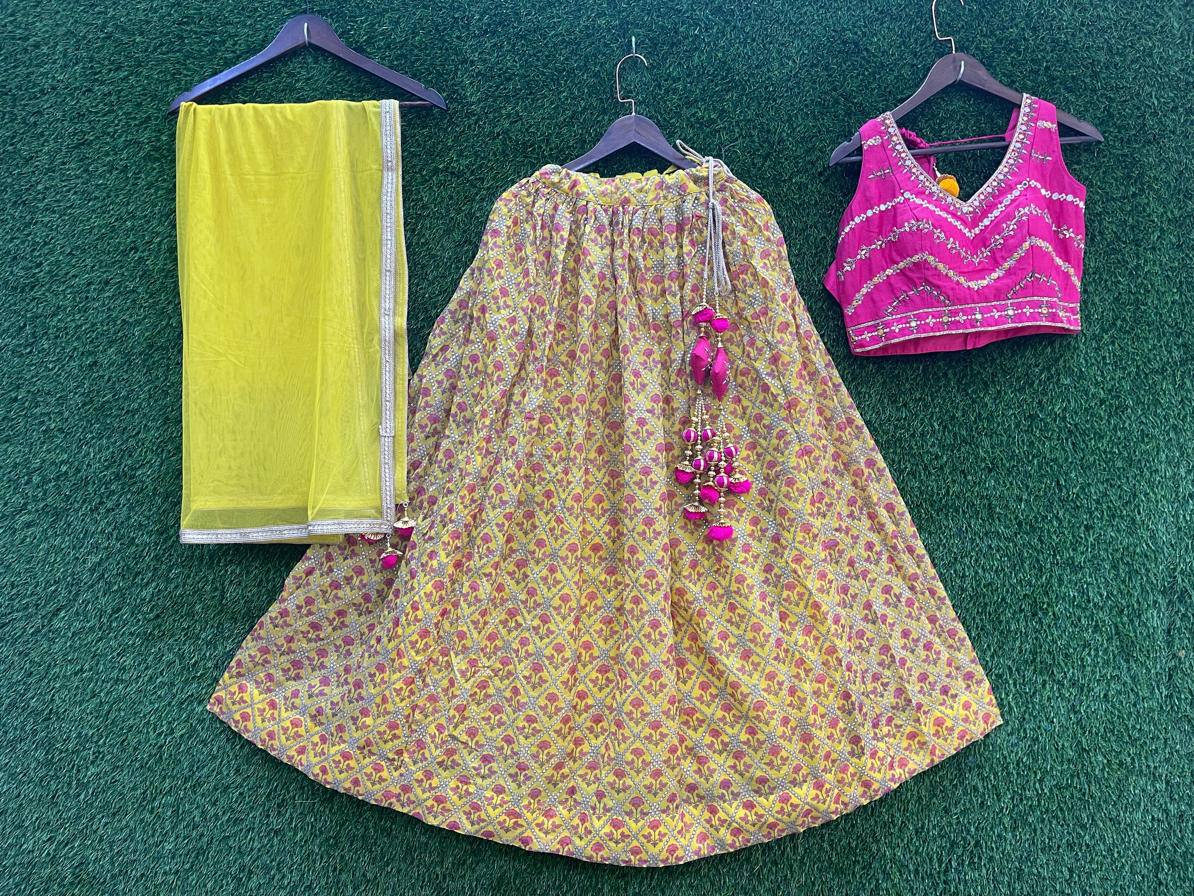 Pink & Yellow Printed Mirror-Work Lehenga Choli Set