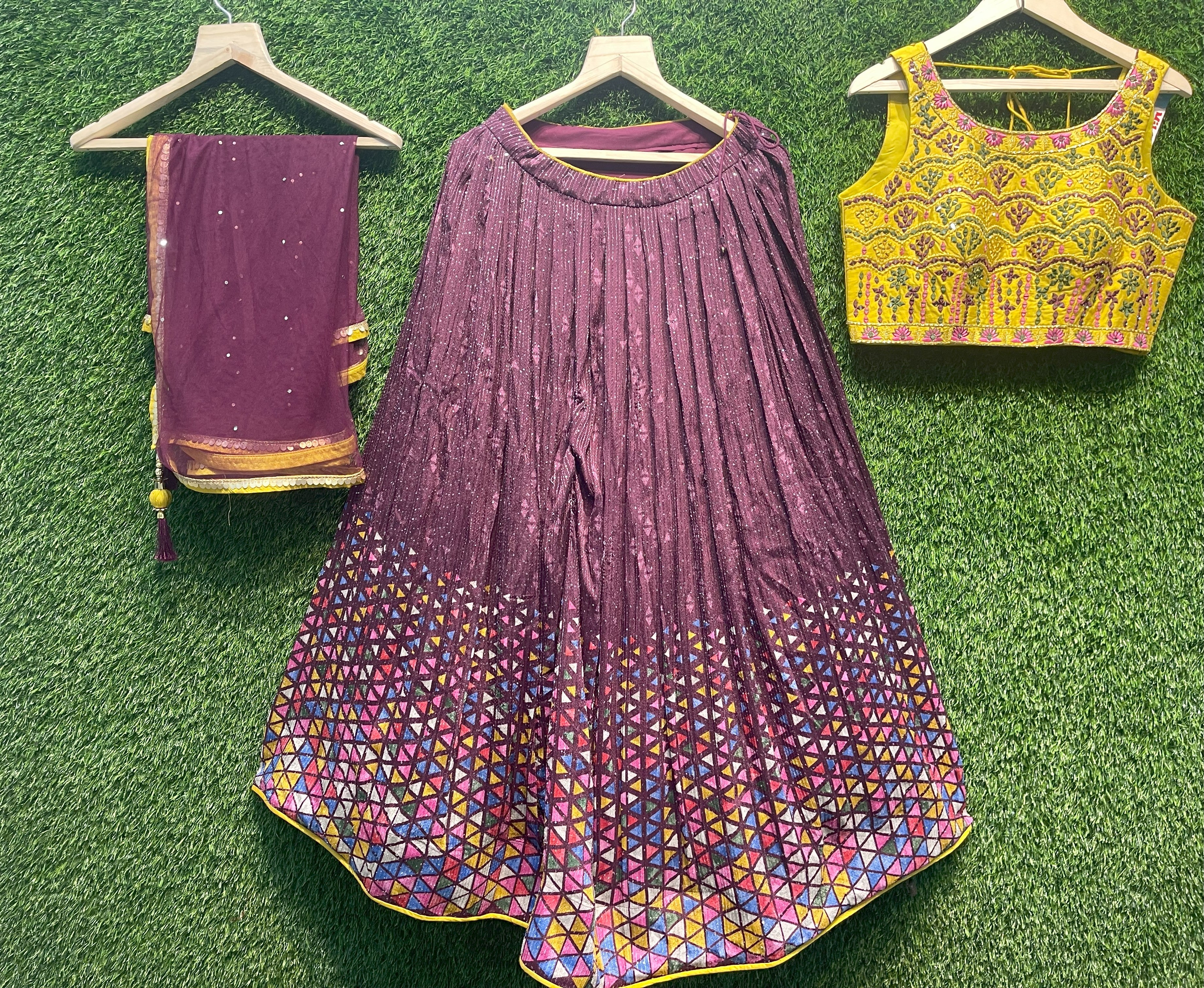 WINE & Yellow Embroidered Printed Lehenga Choli Set