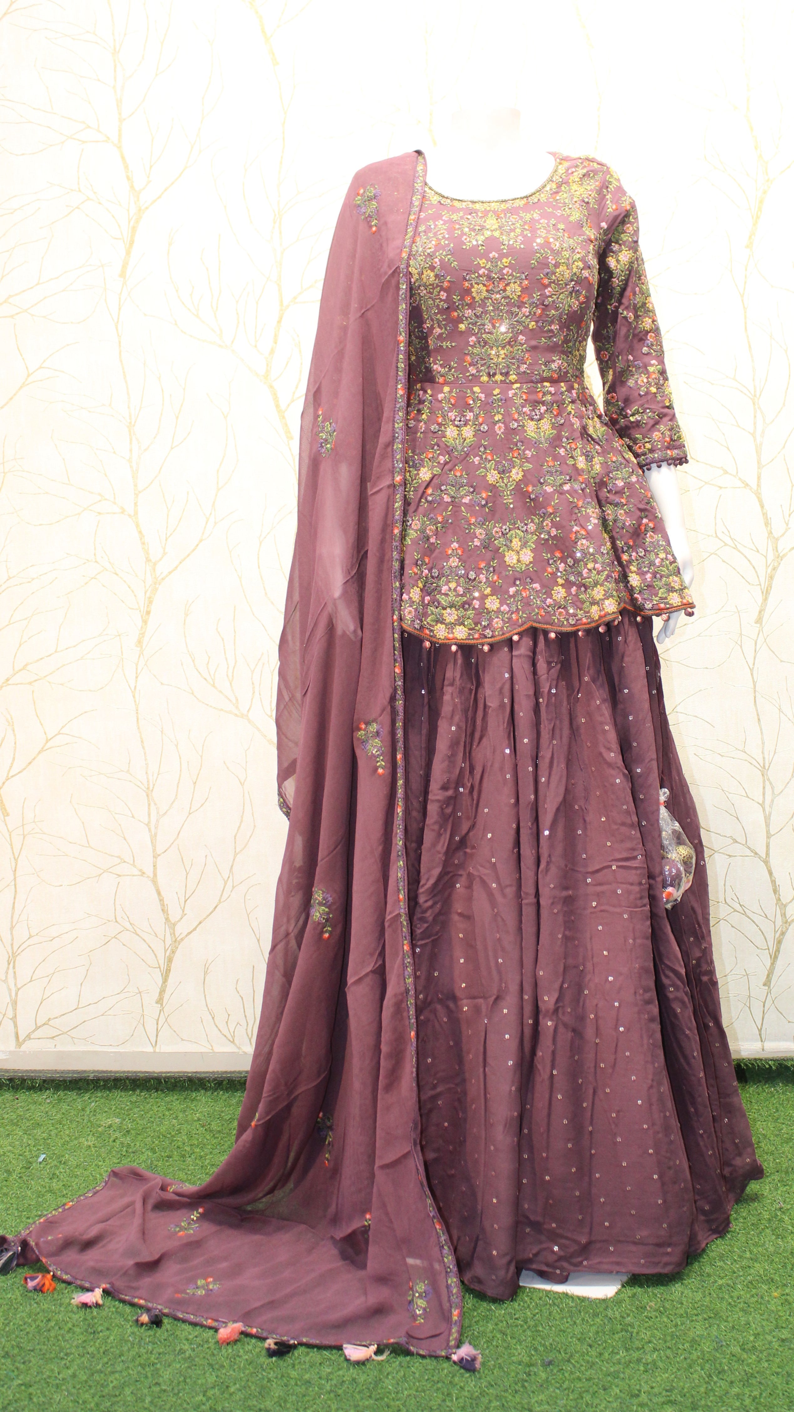 Maroon Floral Embroidered Peplum Lehenga Set