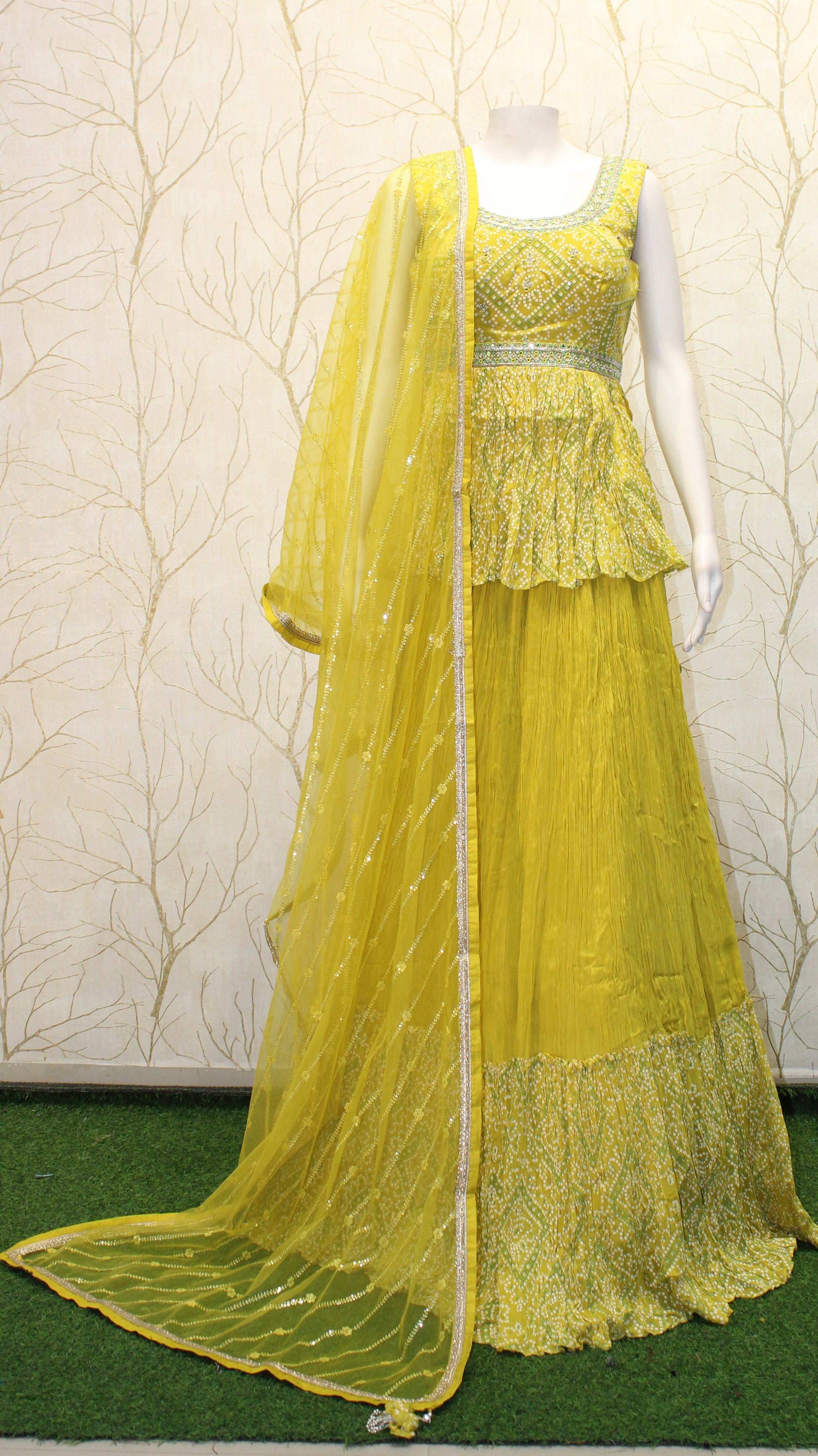 Yellow Bandhani & Peplum Embroidered Festive Lehenga Set
