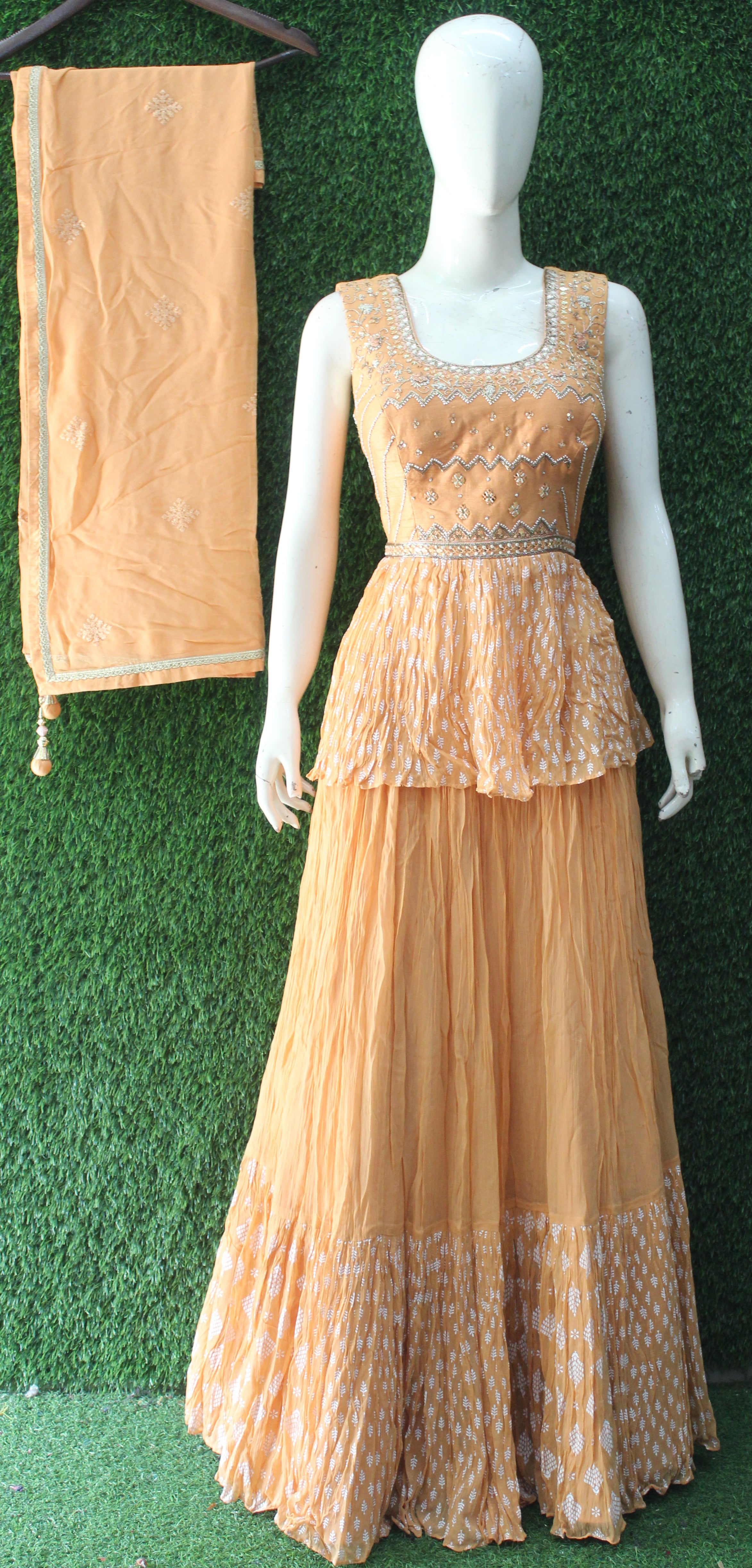 Mustard Embroidered  Bandhani Style Peplum Lehenga Set