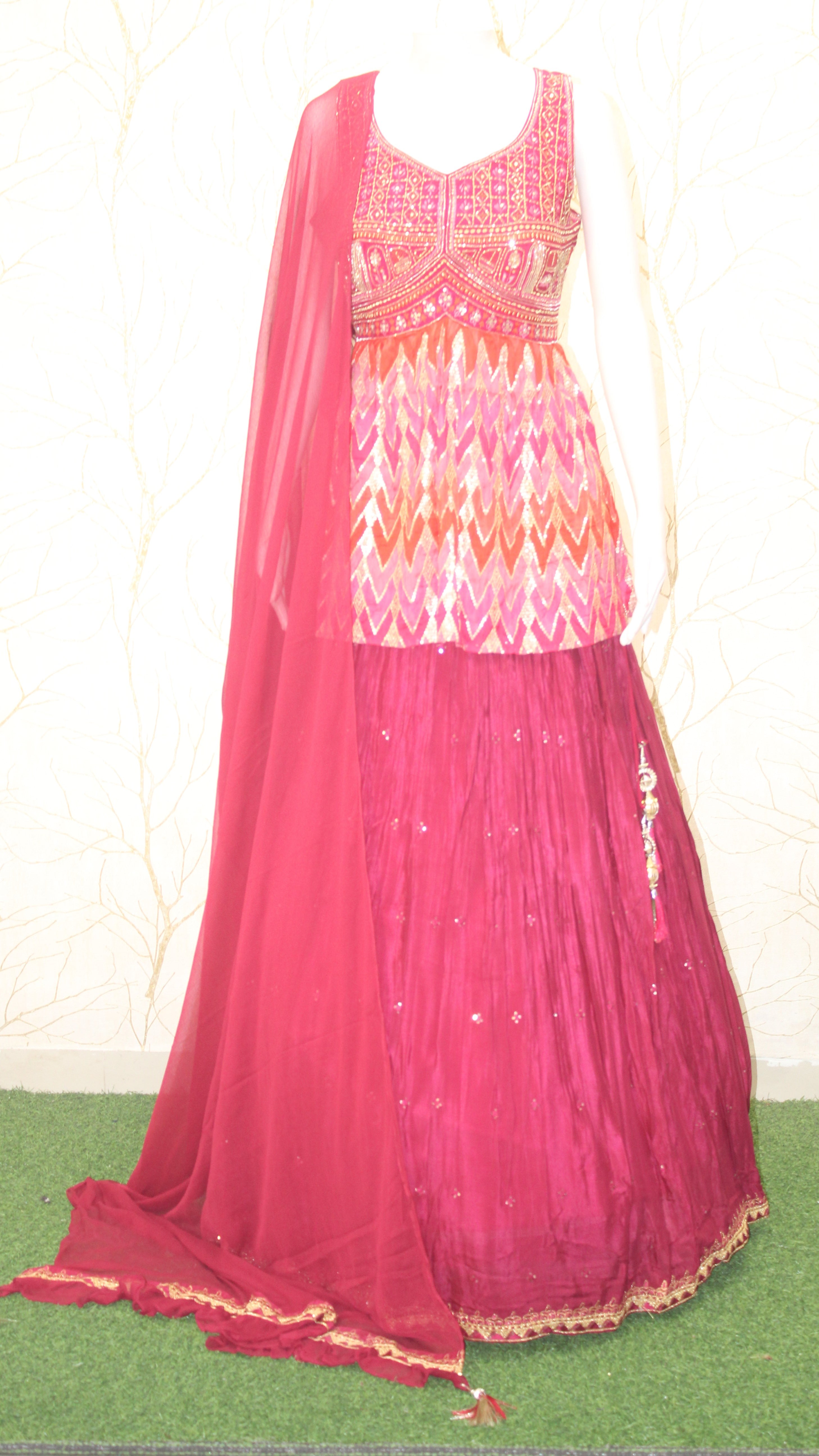 Peplum Style Designer Lehenga in Pink with Handwork & Dupatta