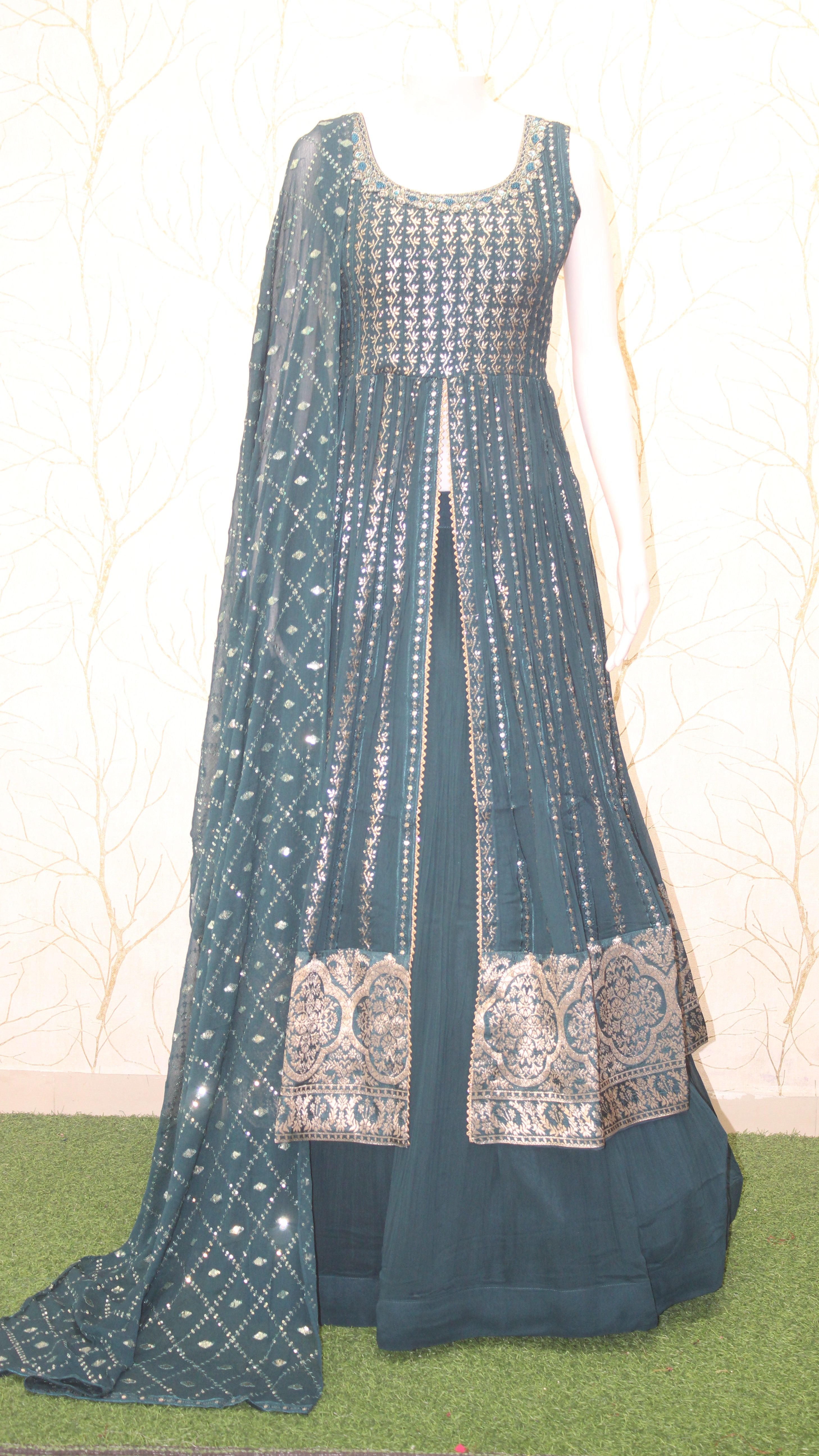 Teal Green Mirror Work Peplum lehenga Set with Dupatta