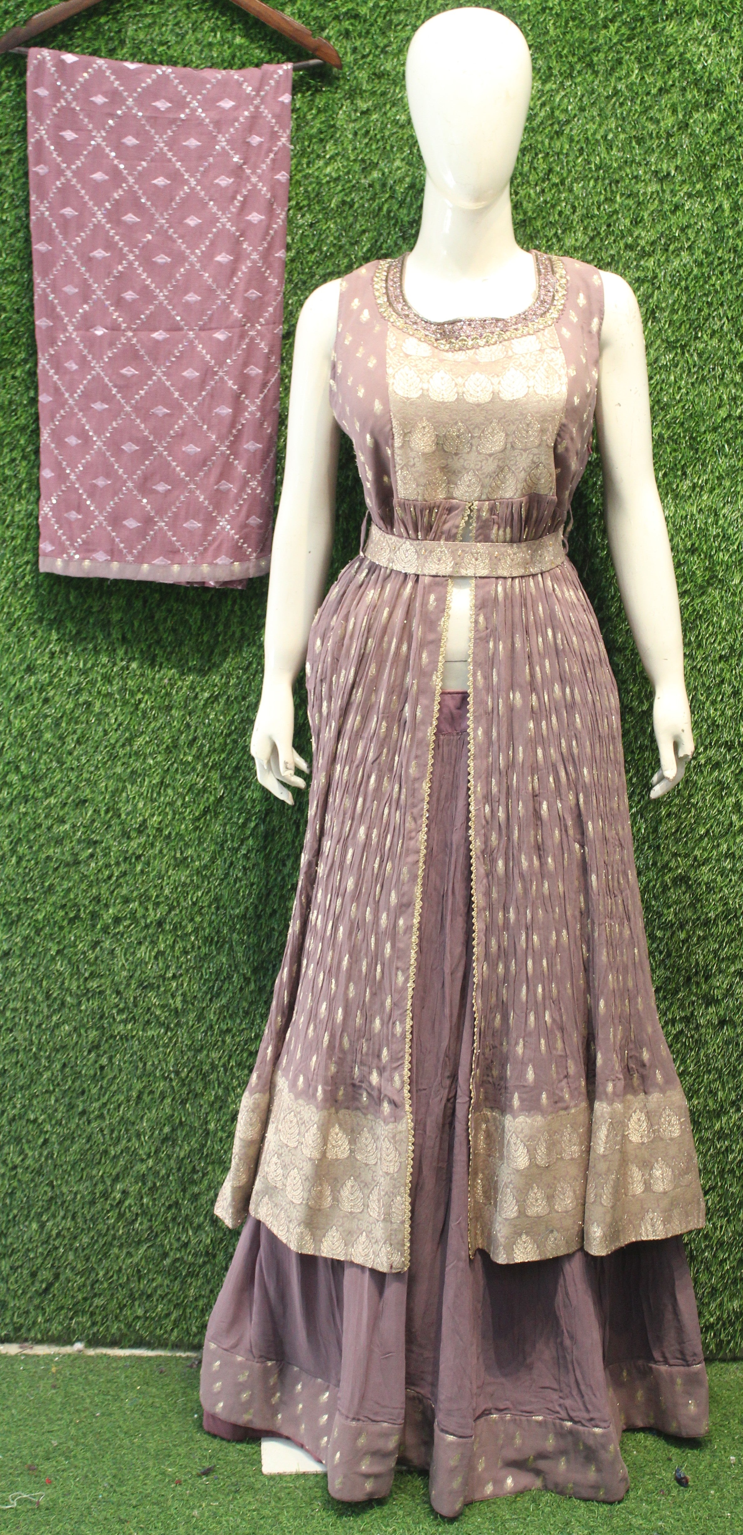 Elegant Mauve Peplum Set with Mirror & Zari Work – Dupatta Included