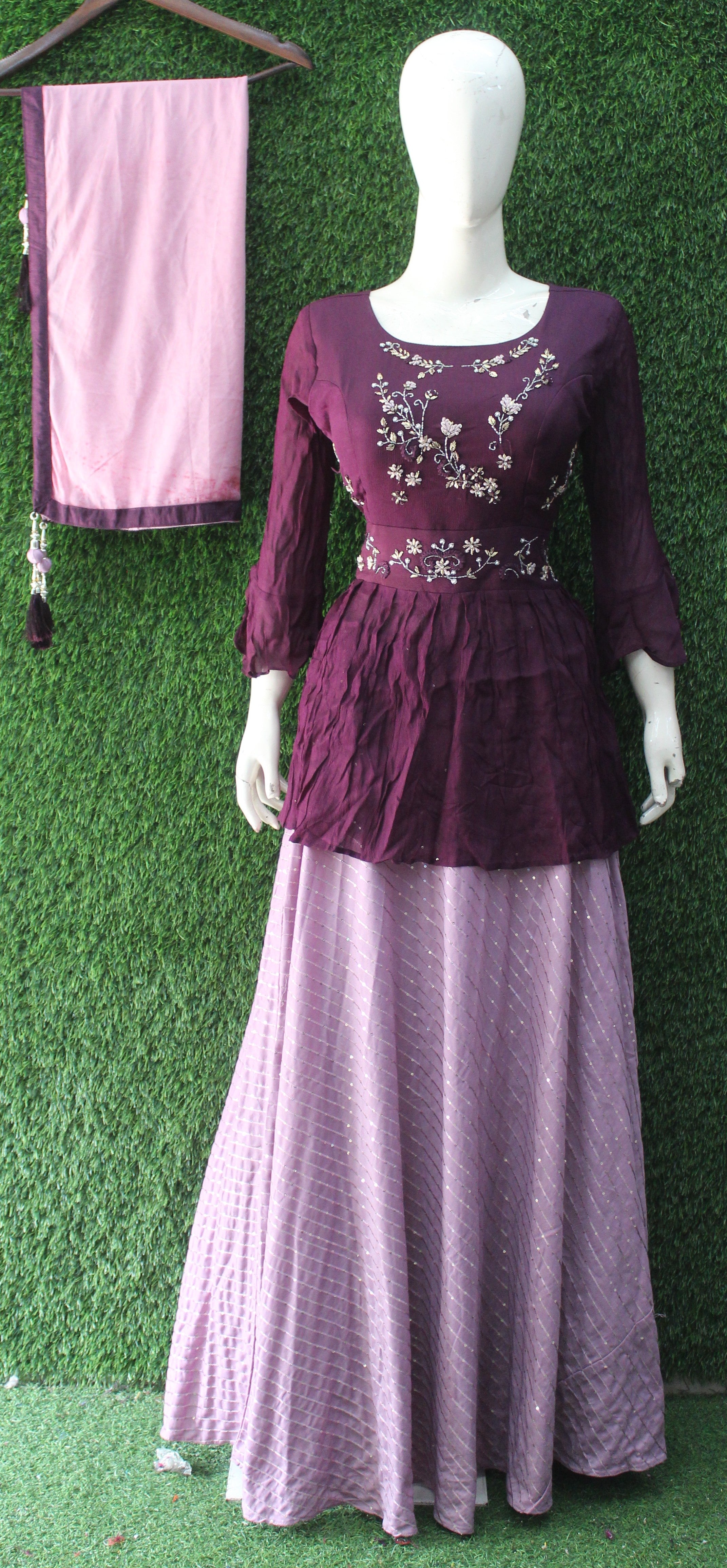 Purple Embroidered Peplum Lehenga Set