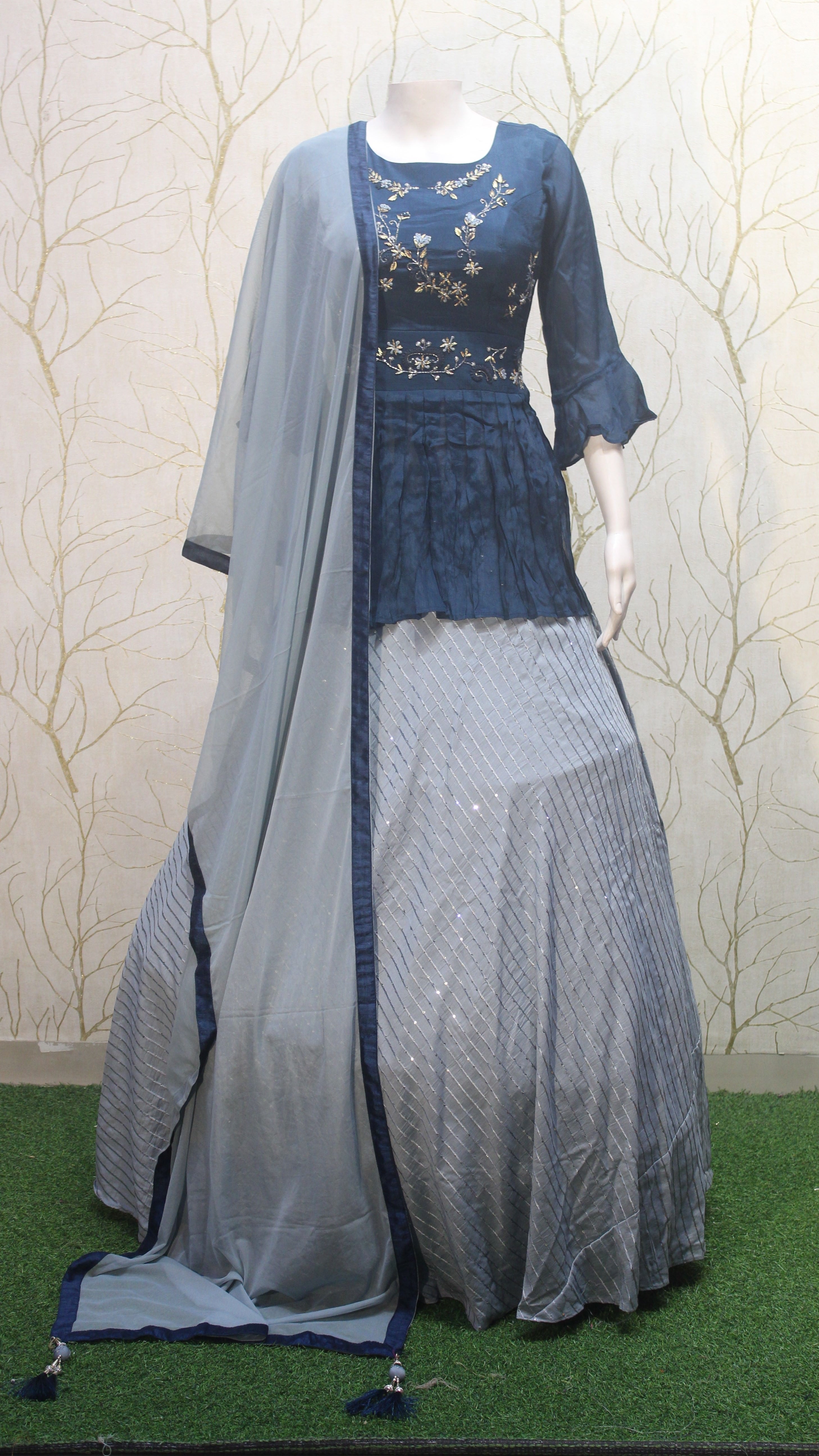 Navy Blue Embroidered Peplum Top with Grey Lehenga & Dupatta