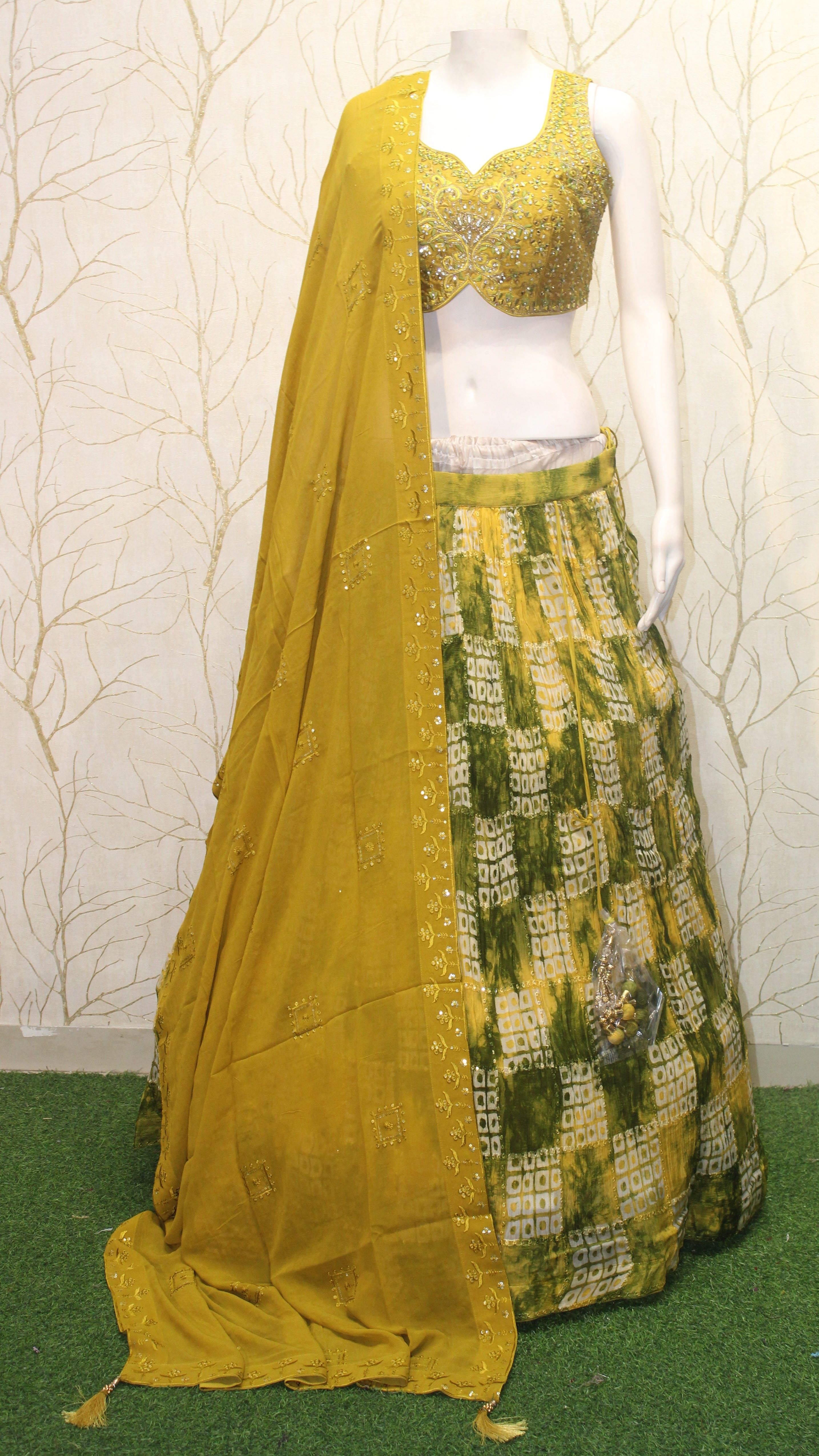 Mustard & Green Bandhani Embroidered Lehenga Choli Set