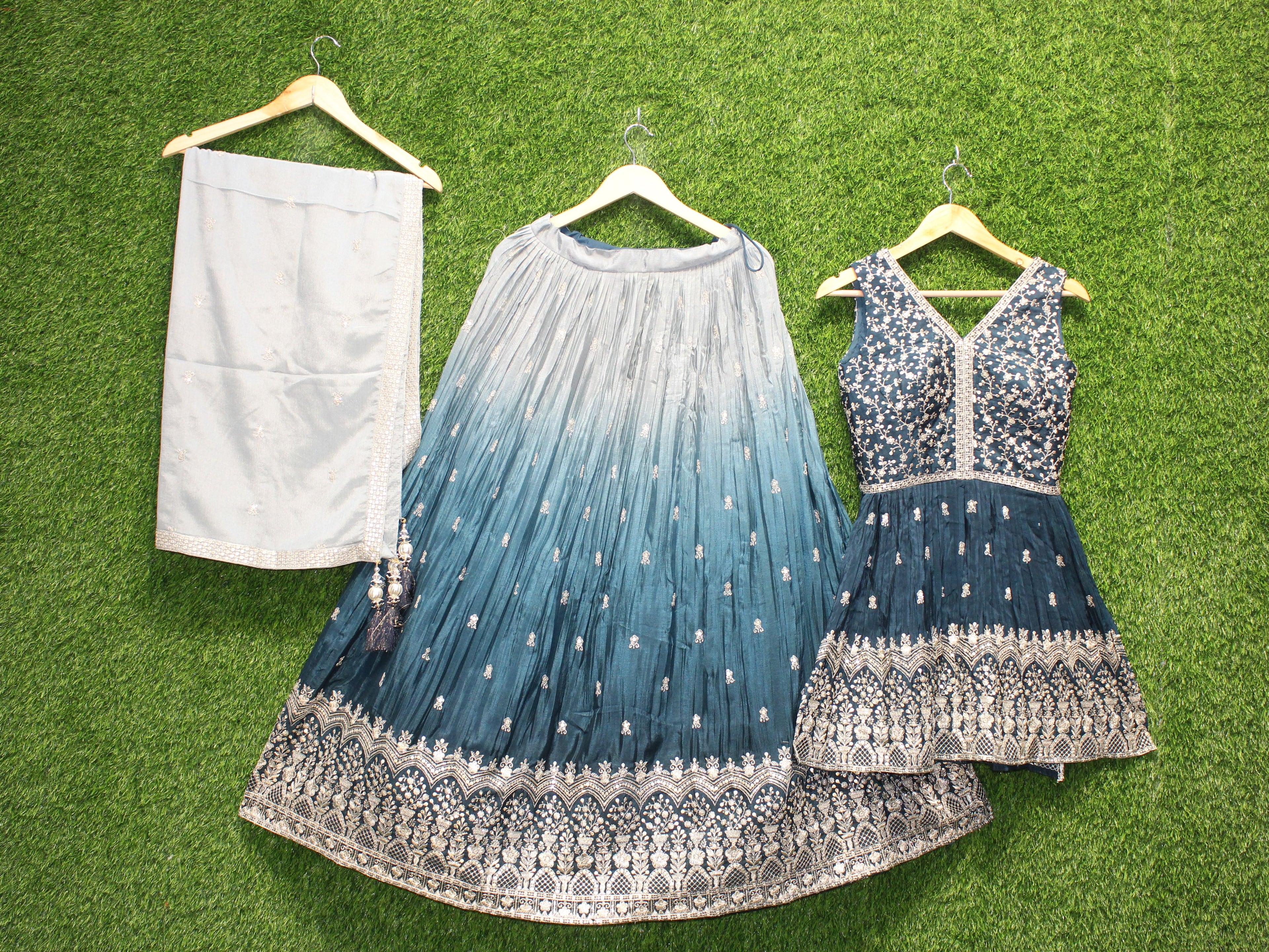 Blue Ombre Embroidered Peplum Chaniya Set