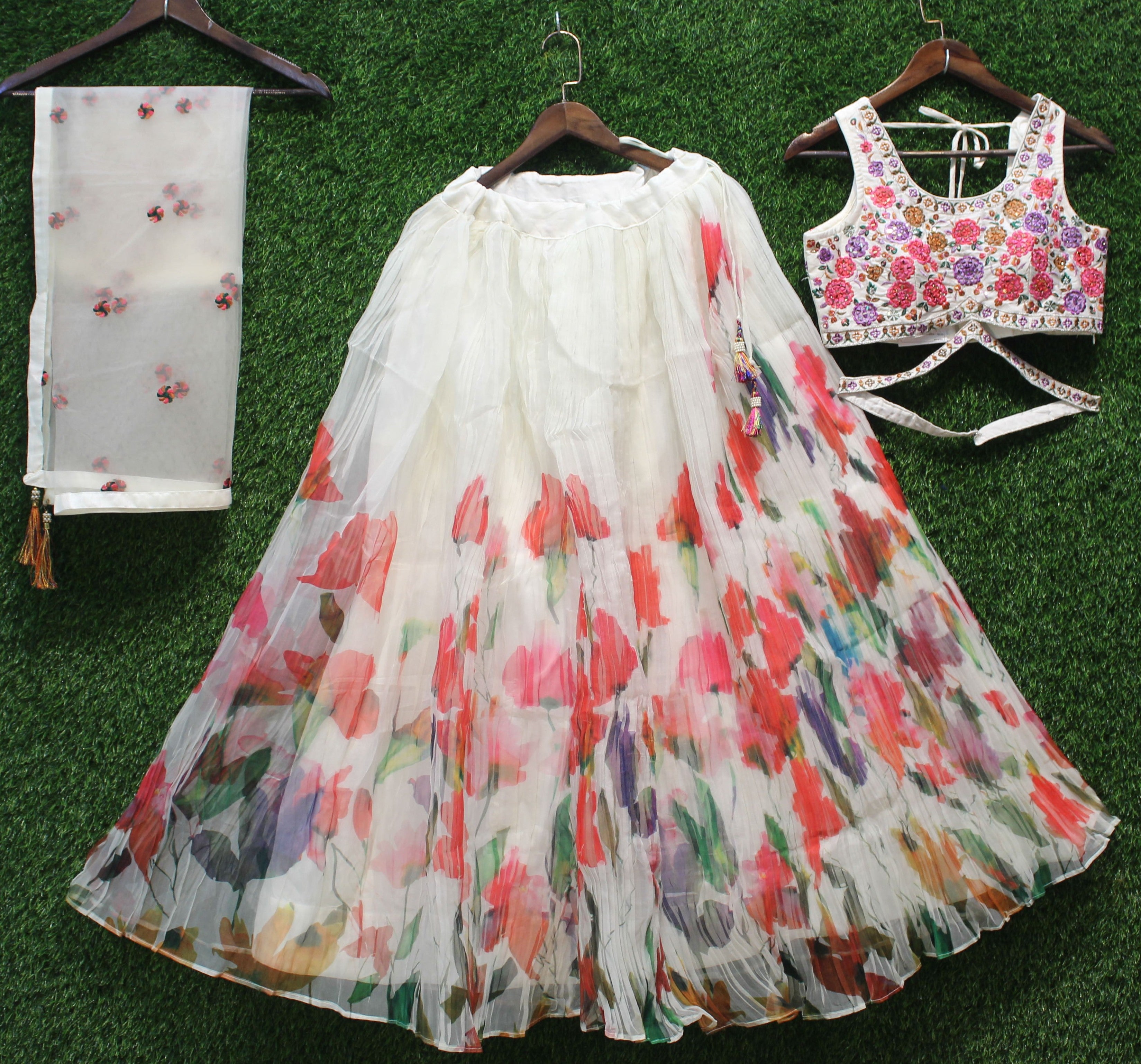 White Floral Printed Lehenga Choli Set