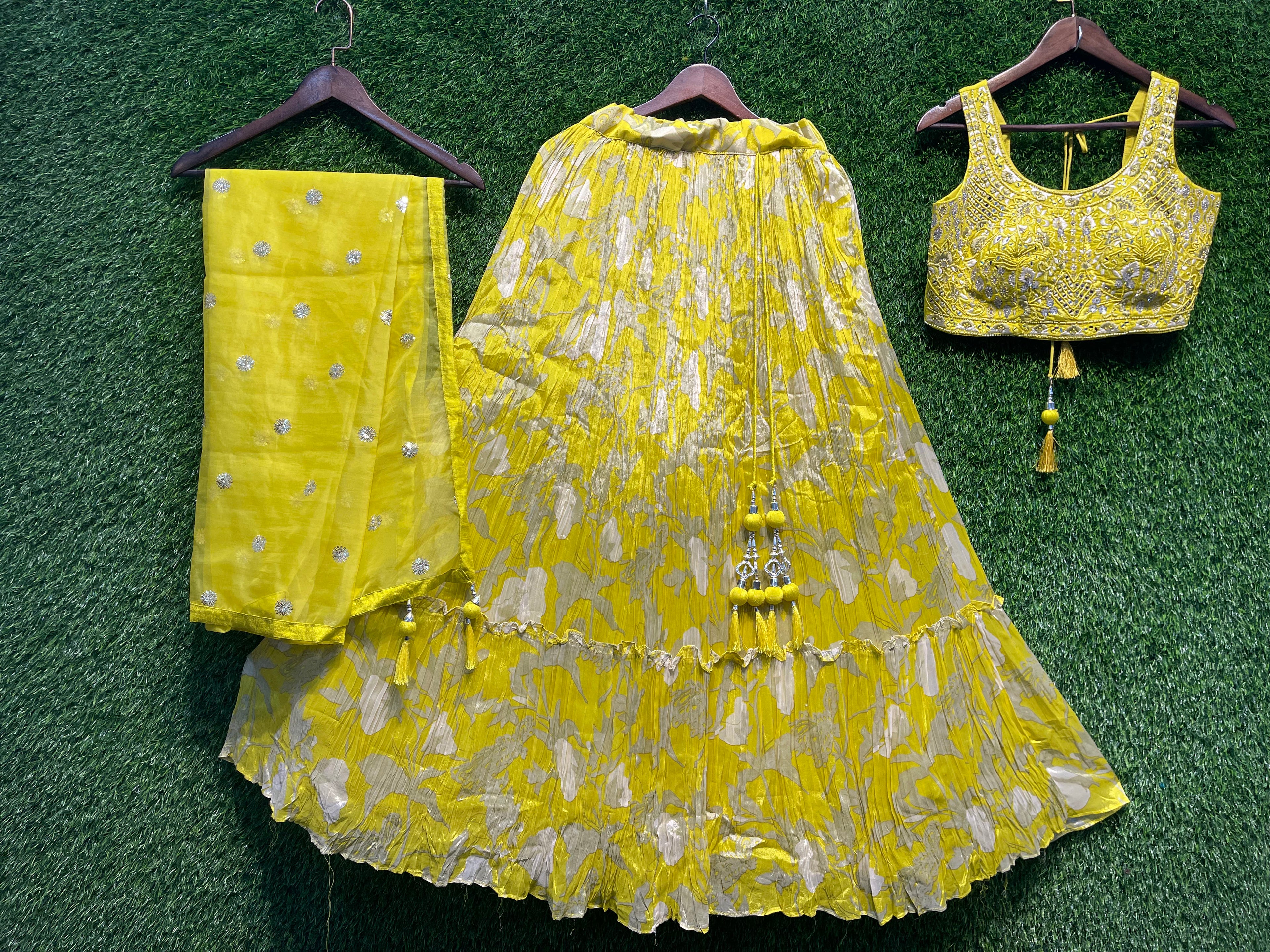 Yellow Floral Foil Printed Lehenga Choli Set
