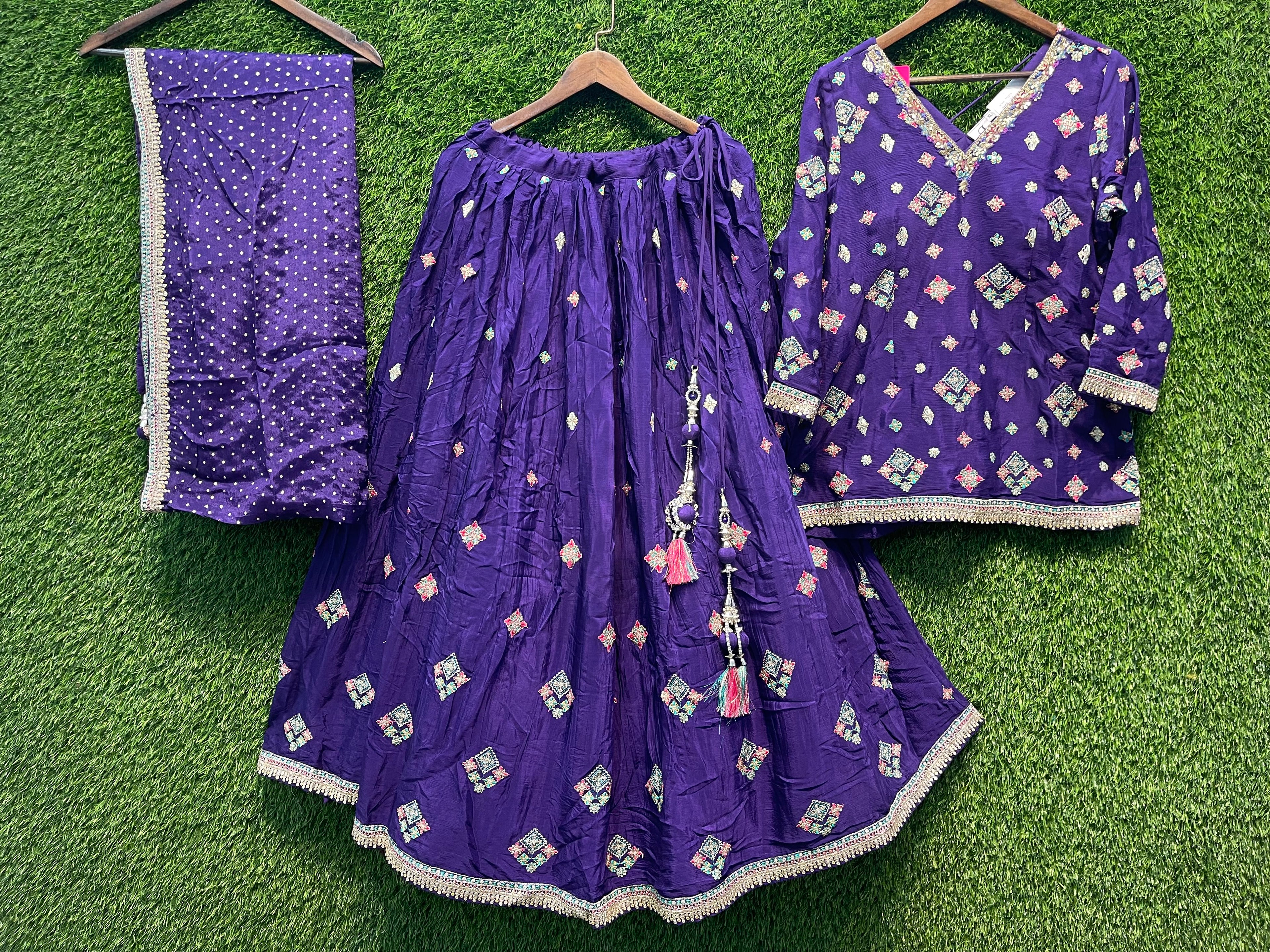 Purple Embroidered Peplum Chaniya Set