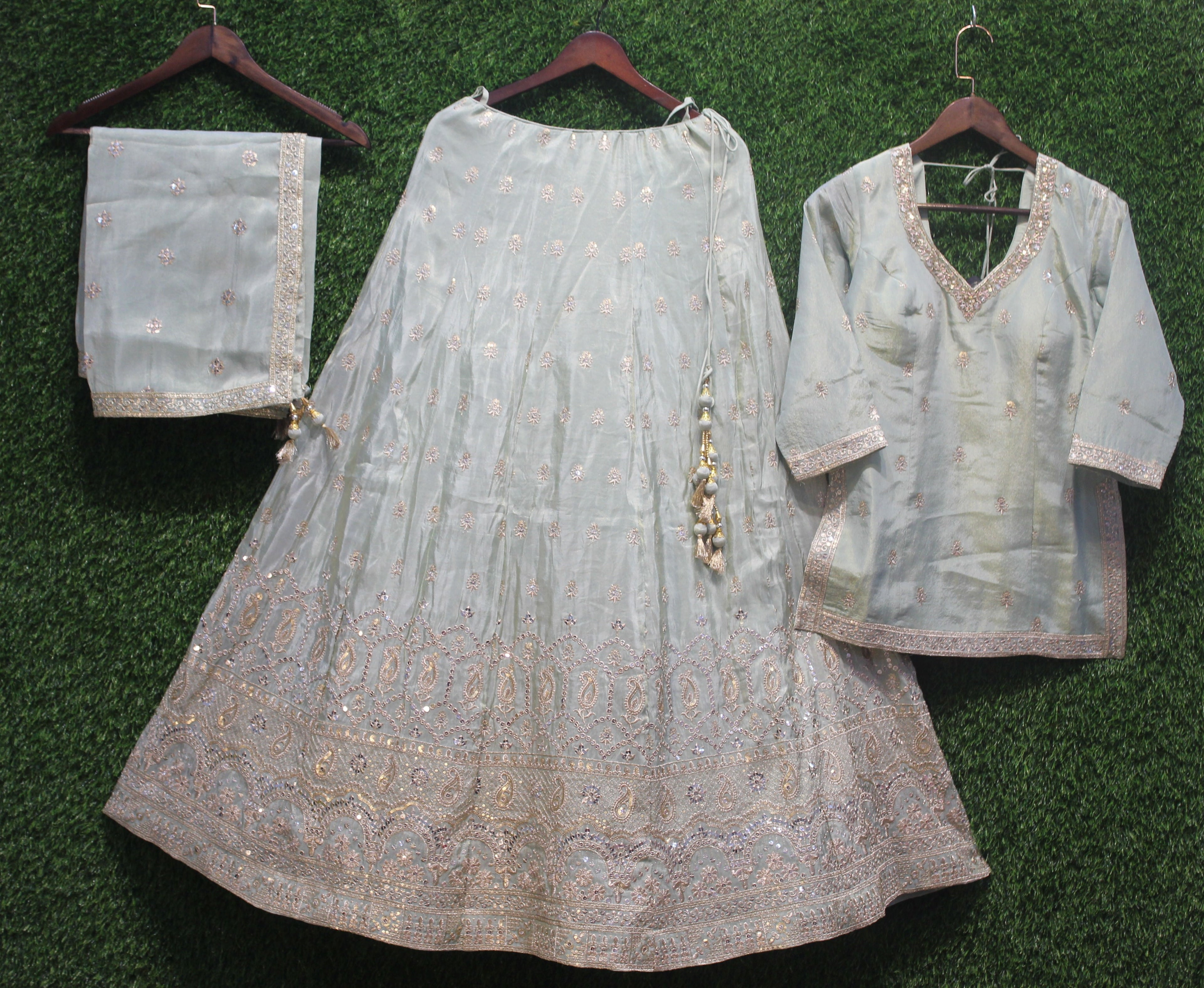 Pastel Grey Heavy Embroidered Peplum Chaniya Set