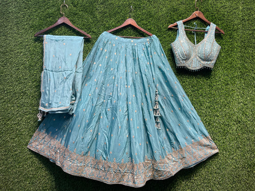 Aqua Blue Embroidered Lehenga with Matching Blouse & Dupatta