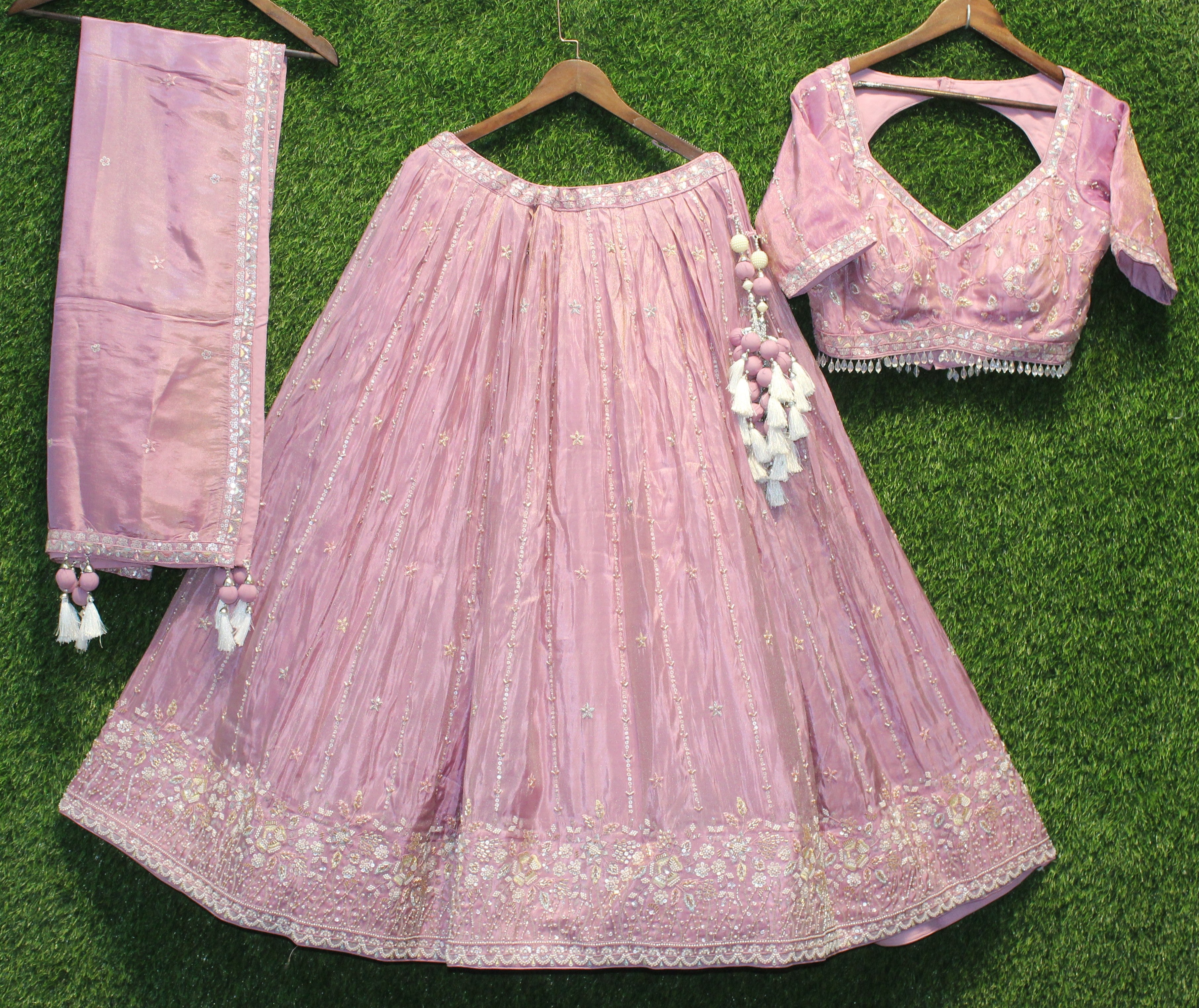 Dusty Pink Sequin Embroidered Lehenga Choli with Matching Dupatta