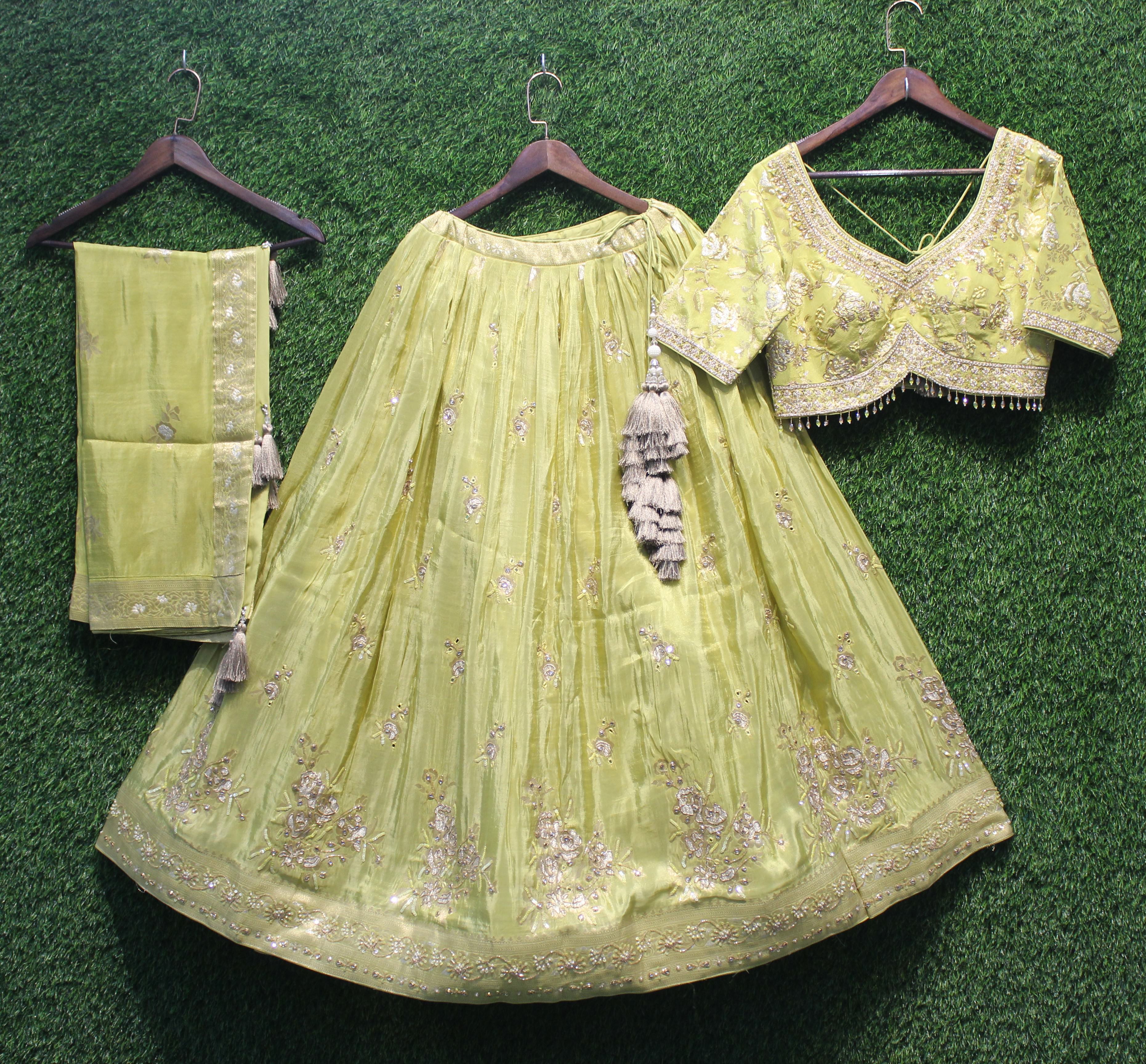 Lemon Green Zari & Sequin Embroidered Lehenga Choli Set