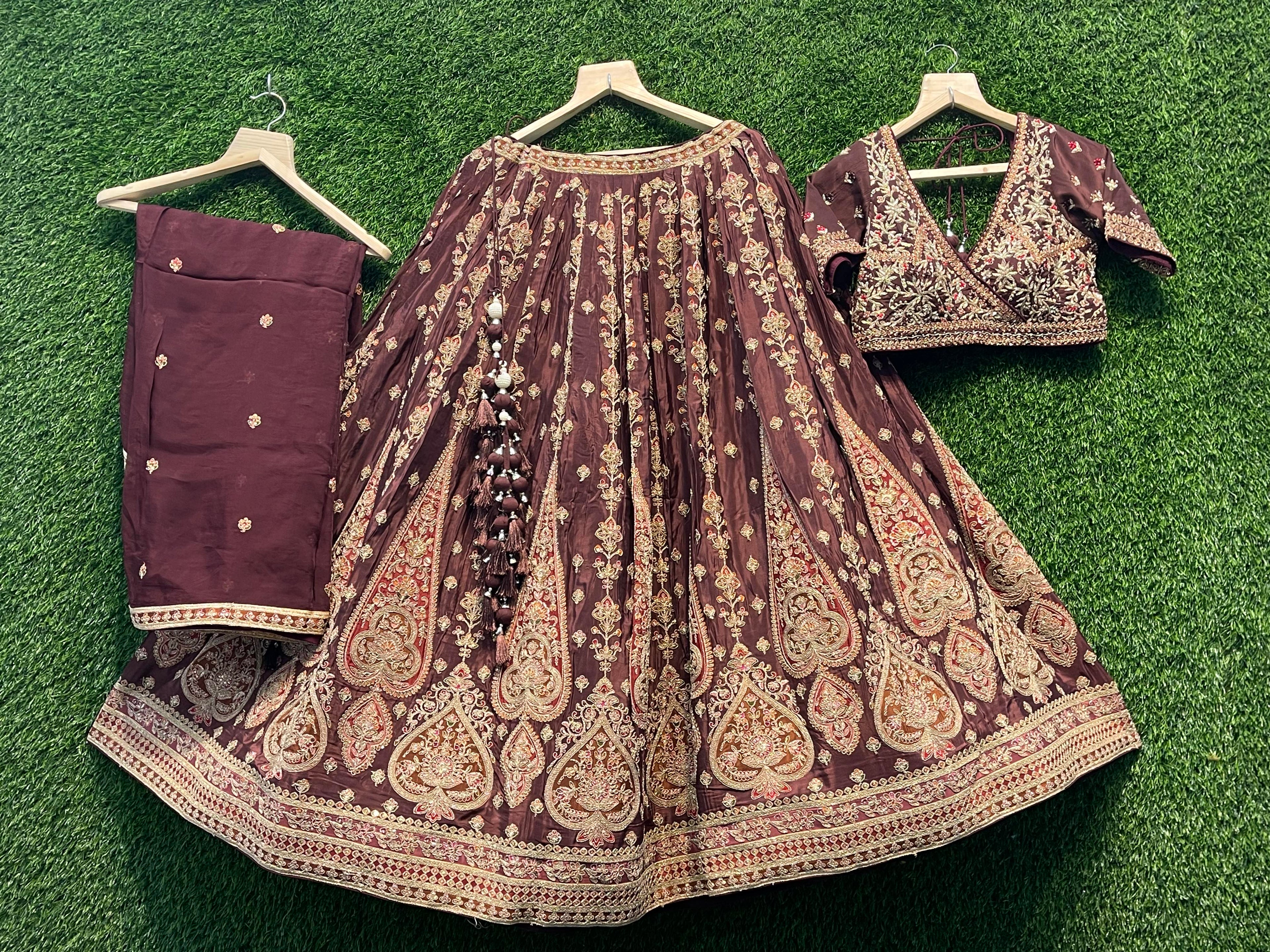 Maroon Heavy Zari Embroidered Banarasi Style Lehenga Choli