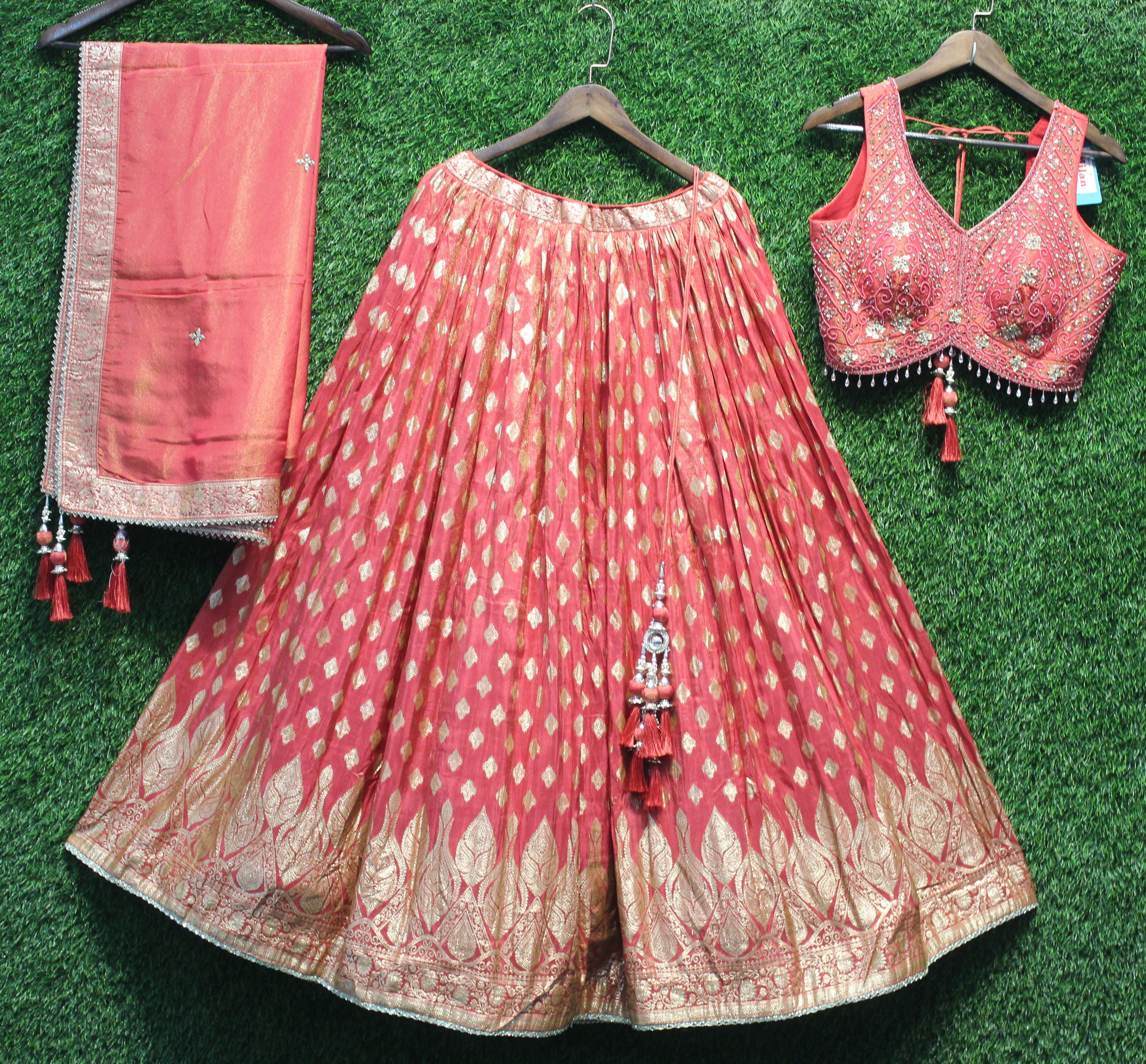 Red Banarasi Zari Weaving Lehenga Choli Set