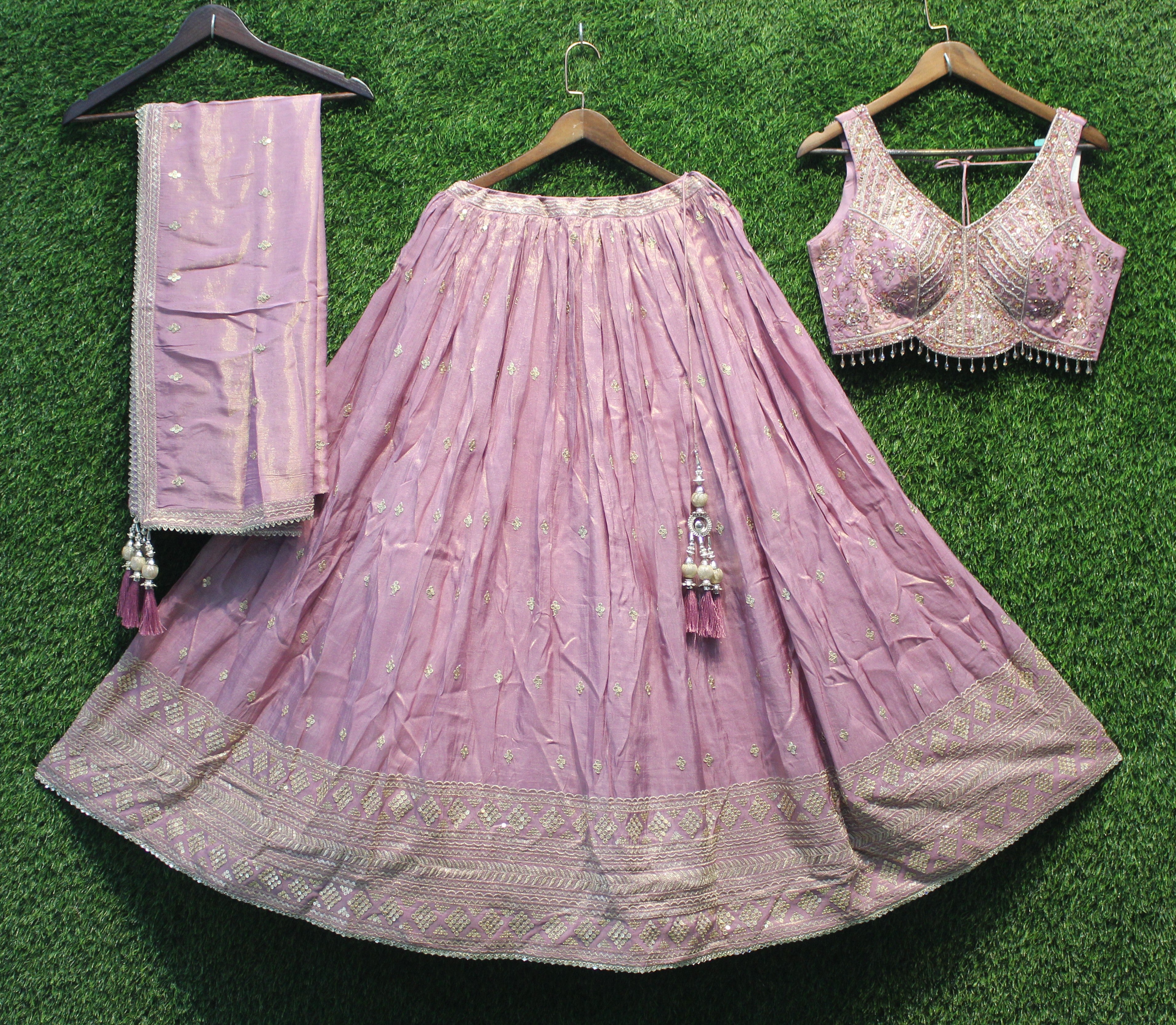 Pink Zari Weaving Embroidered Lehenga Choli Set