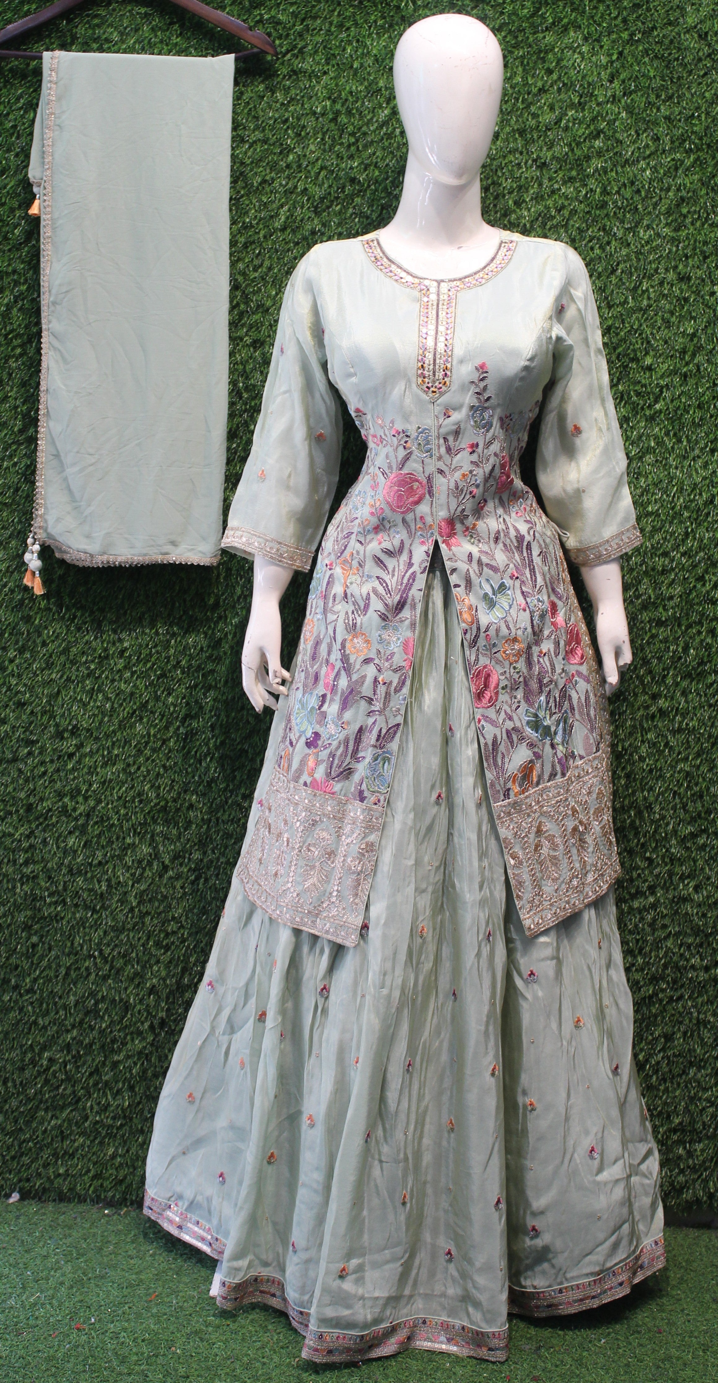 Mint Green Floral Embroidered Peplum Set with Dupatta