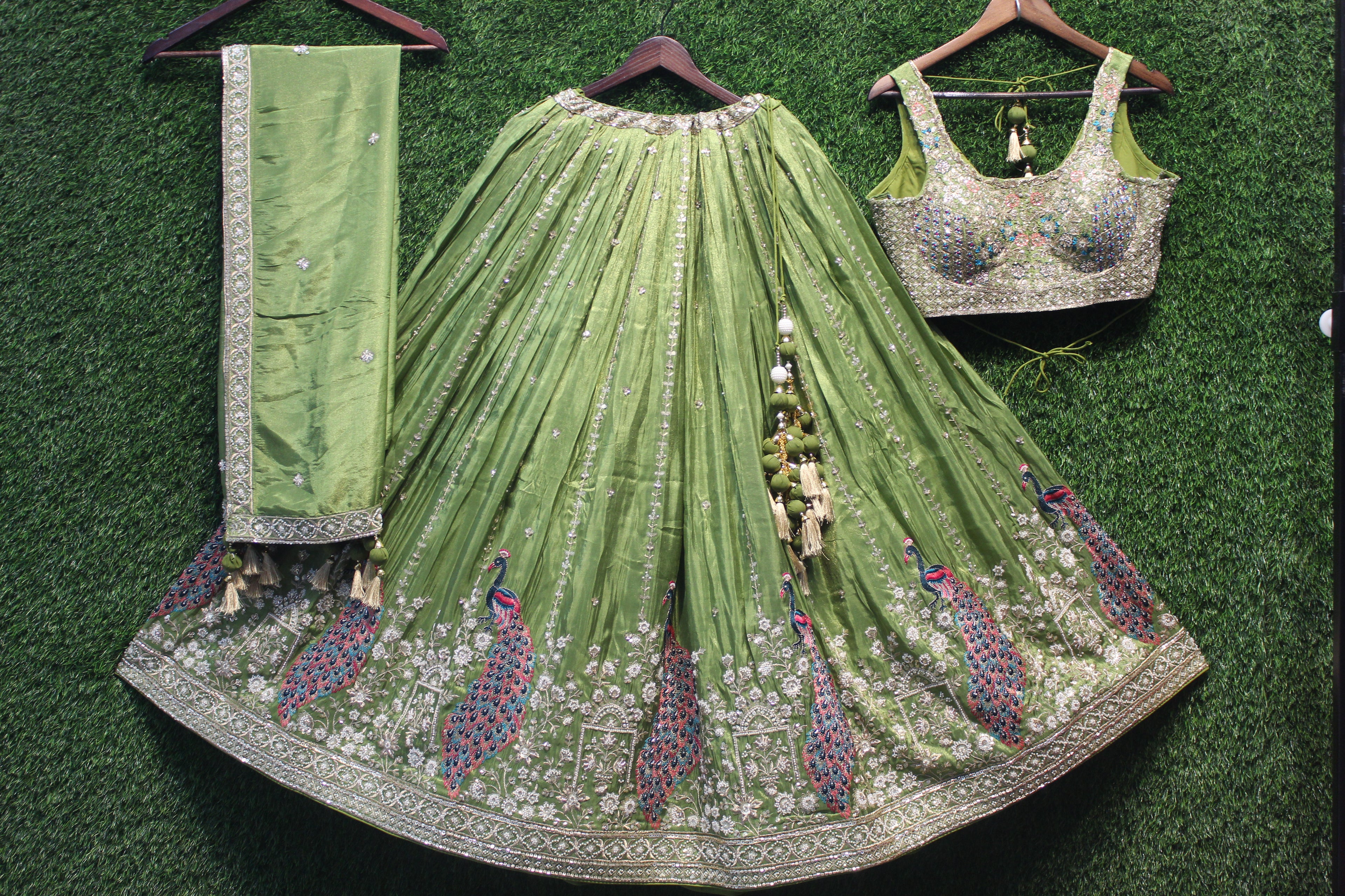 Peacock Motif Green Heavy Embroidered Lehenga Choli Set