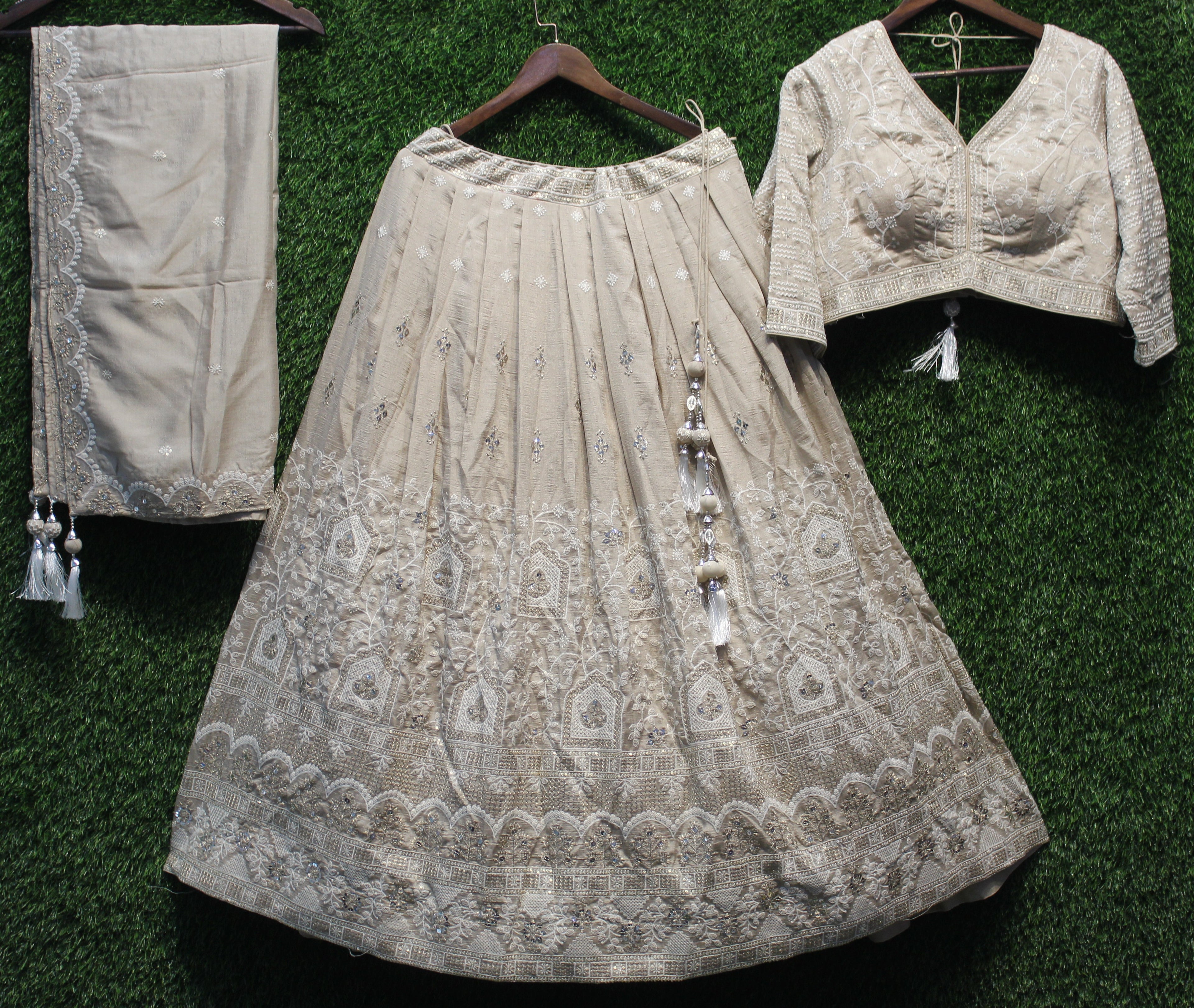 Beige Embroidered Lehenga Choli Set with Dupatta