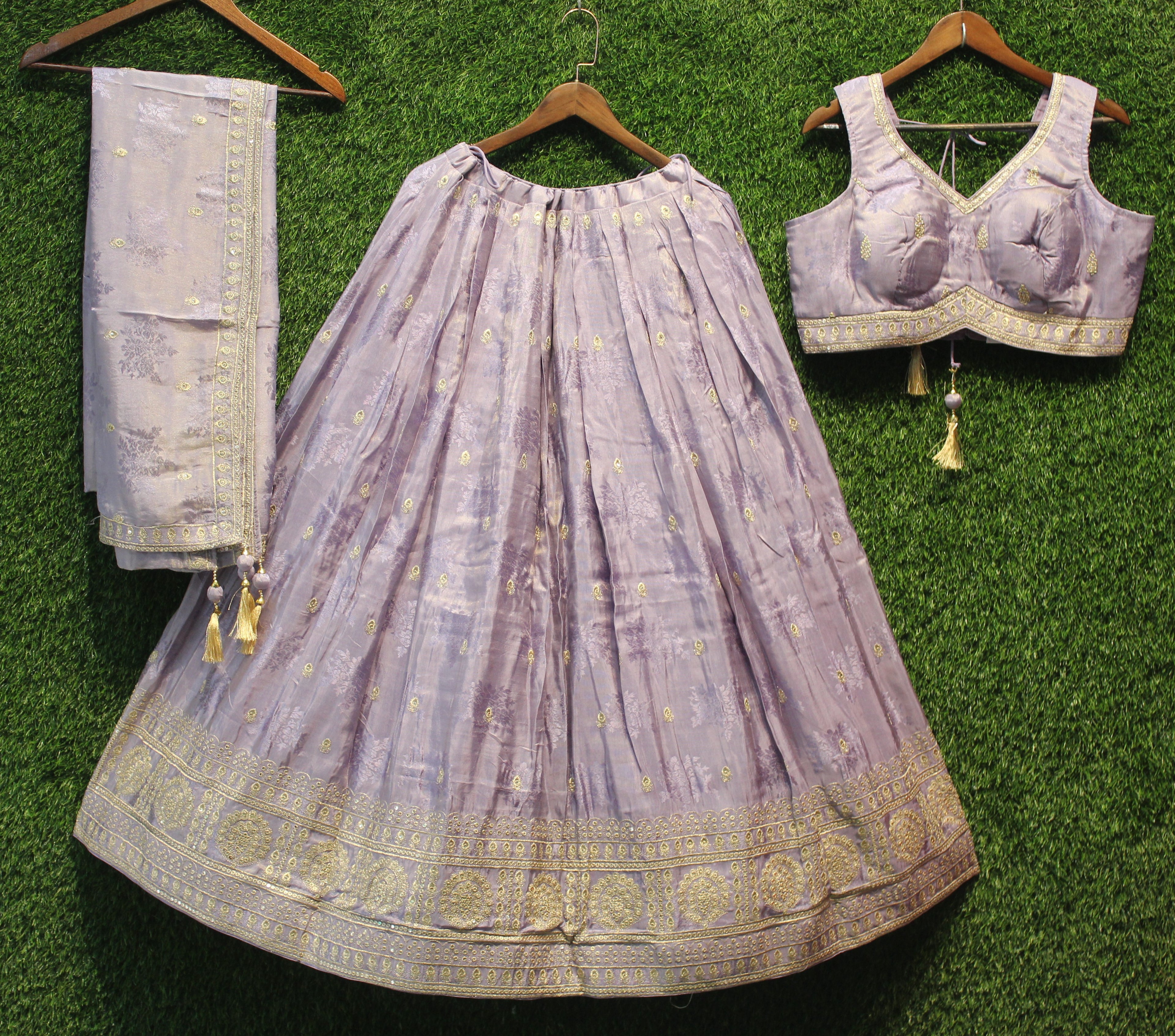 Lavender Zari Embroidered Silk Lehenga Choli Set