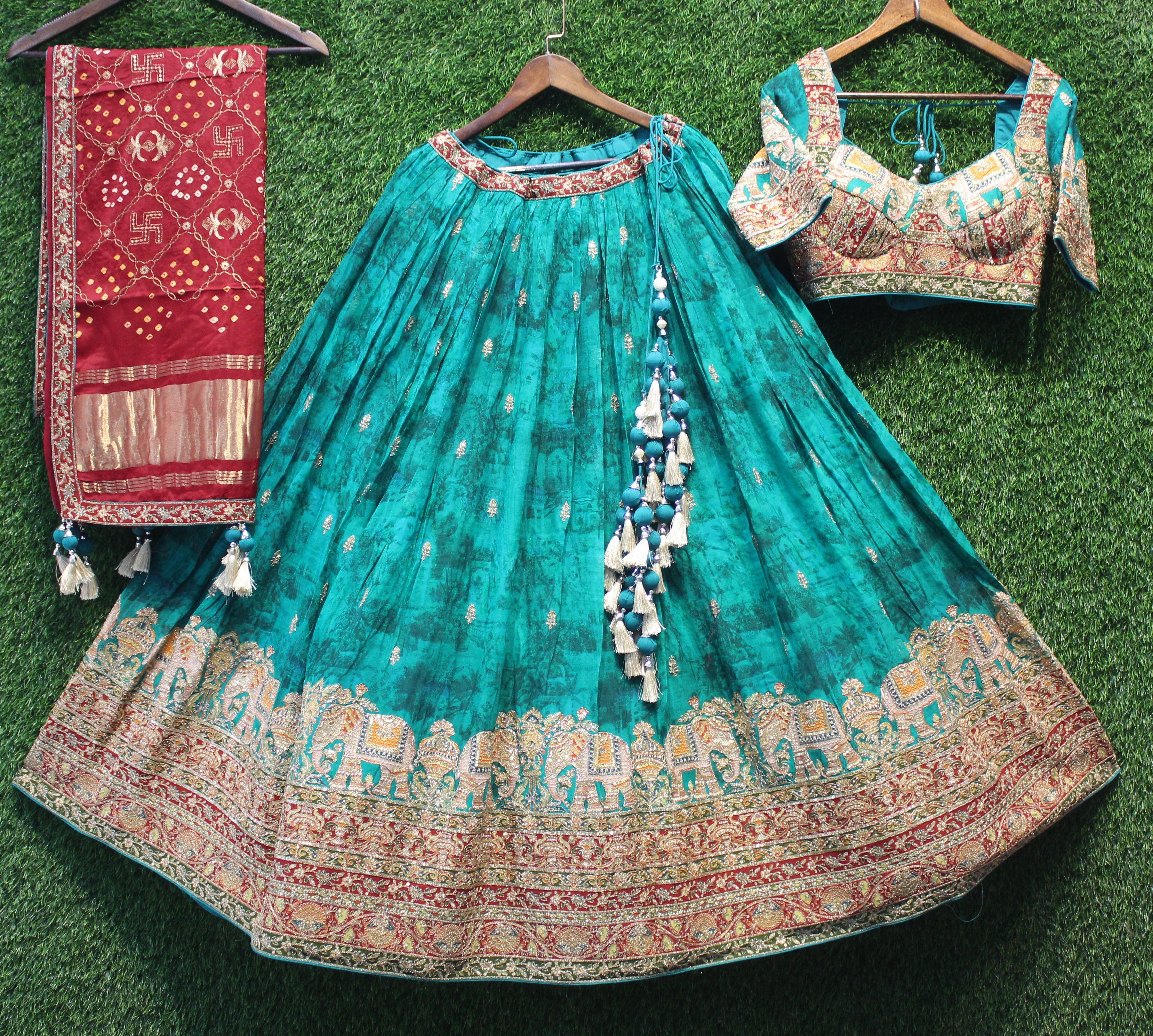 Teal Elephant Border Printed & Embroidered Lehenga Choli with Bandhani Dupatta