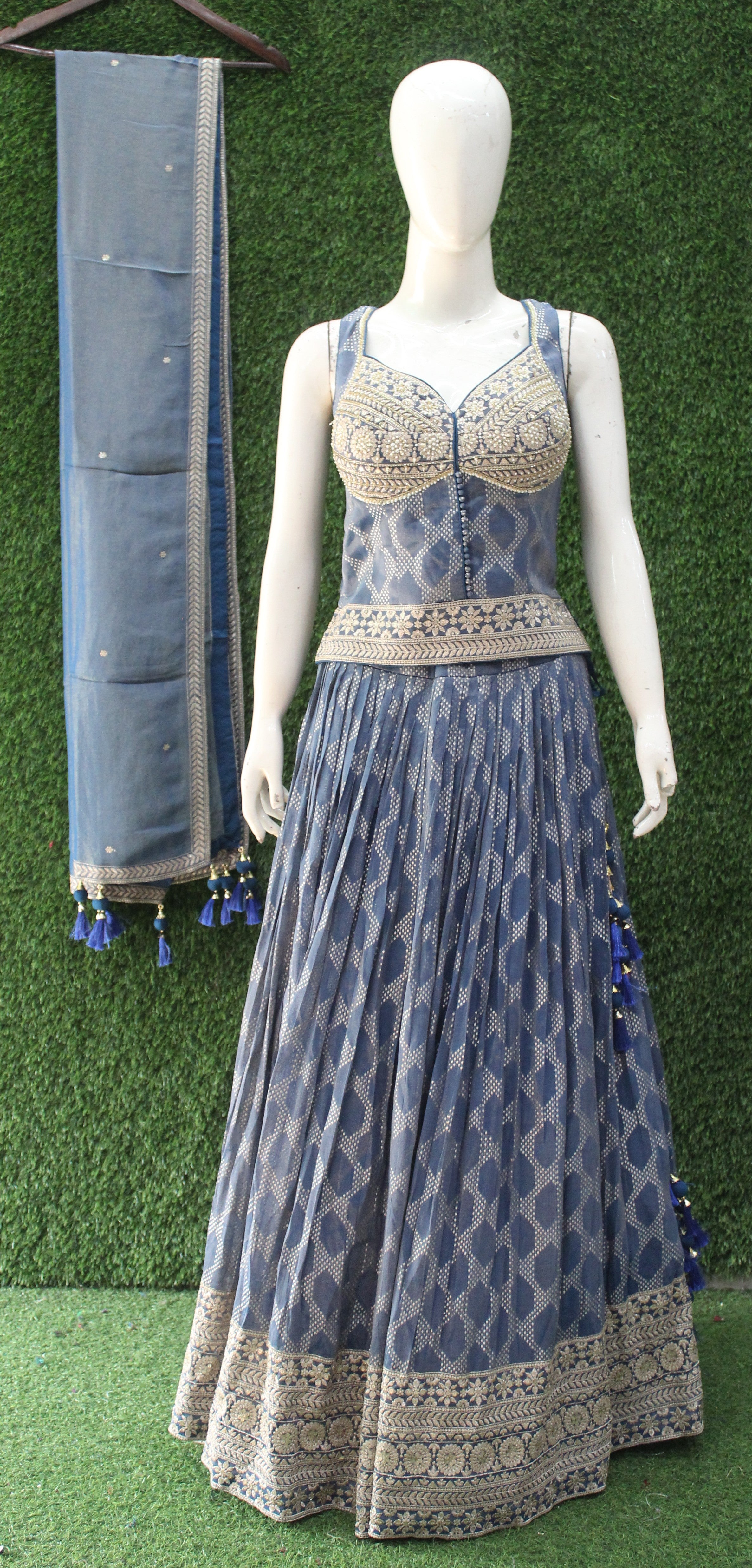 Steel Blue Thread & Sequin Embroidered Lehenga Choli Set