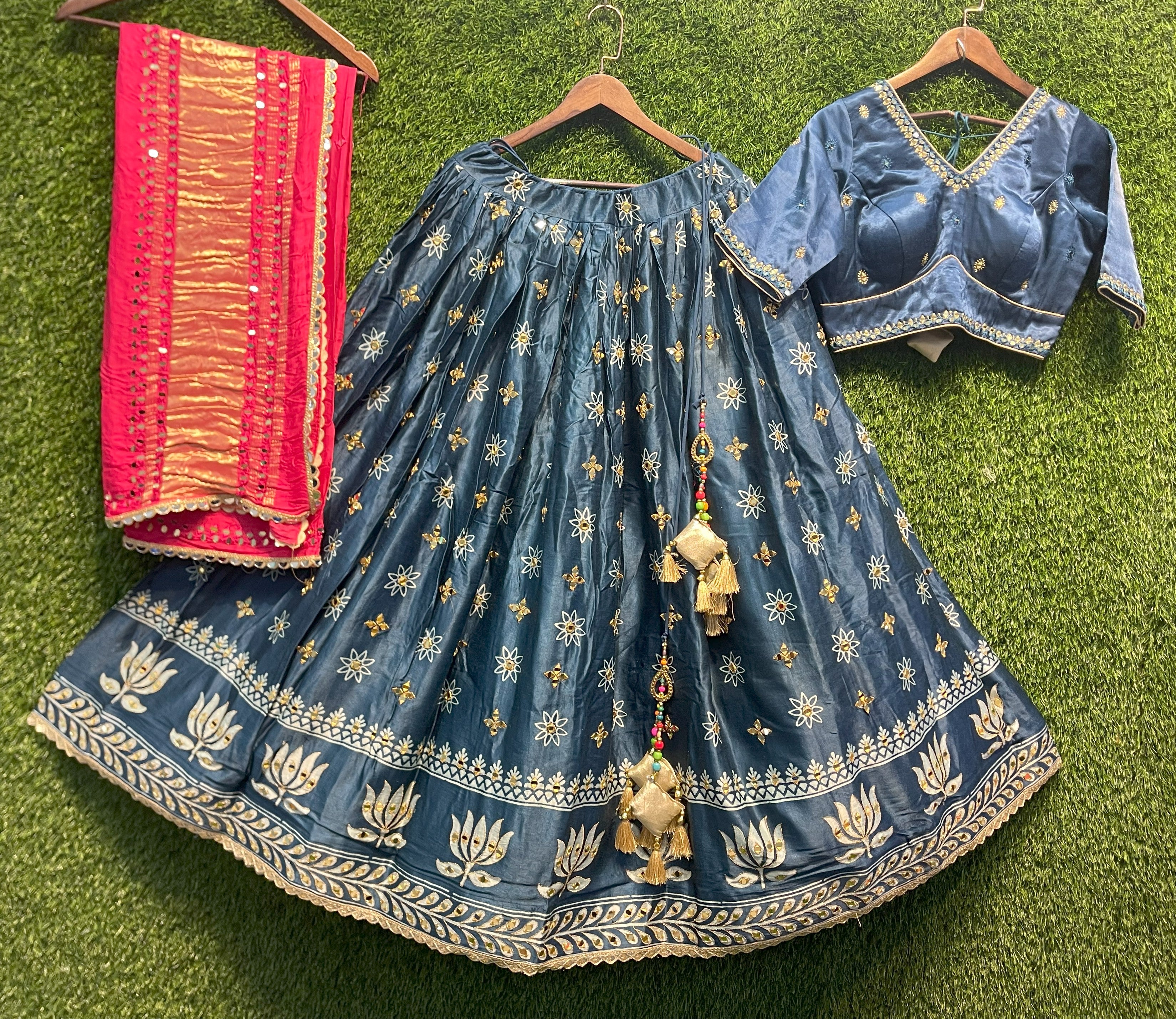 Blue Lotus Embroidered Lehenga with Designer Blouse & Pink Dupatta