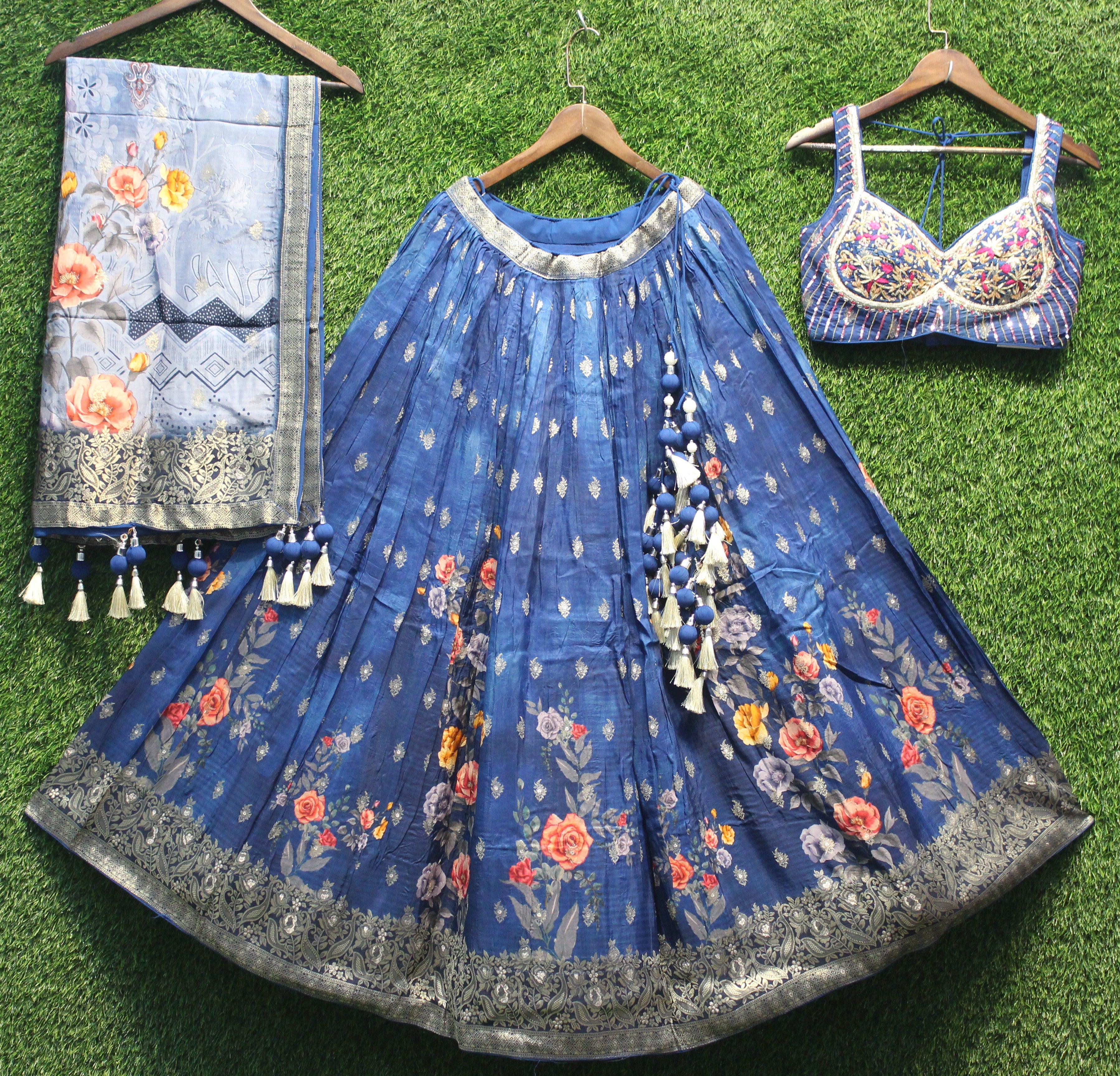Navy Blue Floral Printed Lehenga Choli with Heavy Embroidered Blouse